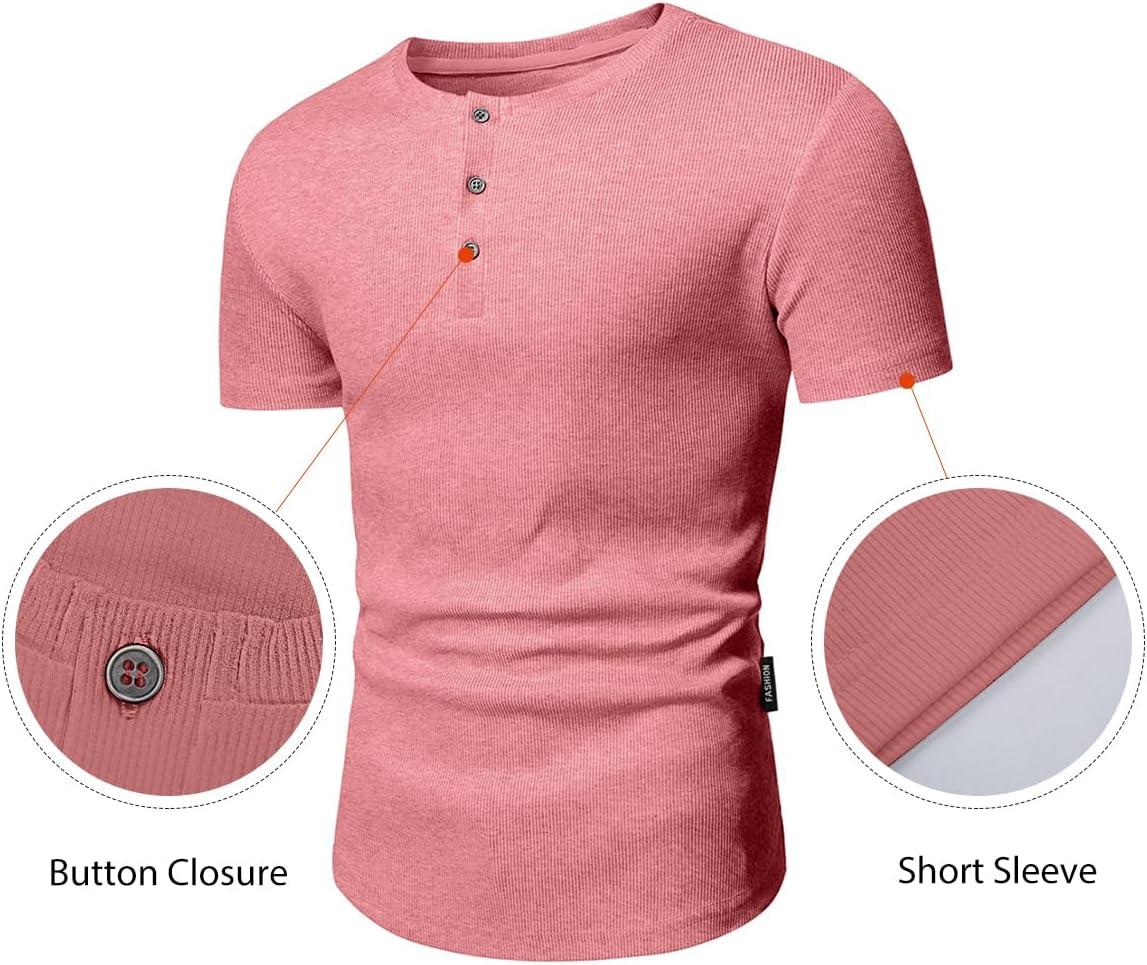 imageJMIERR Mens Muscle Slim Henley Shirts Crewneck Longline TShirt Gym Workout Athletic Shirt Tees with ButtonA Pink