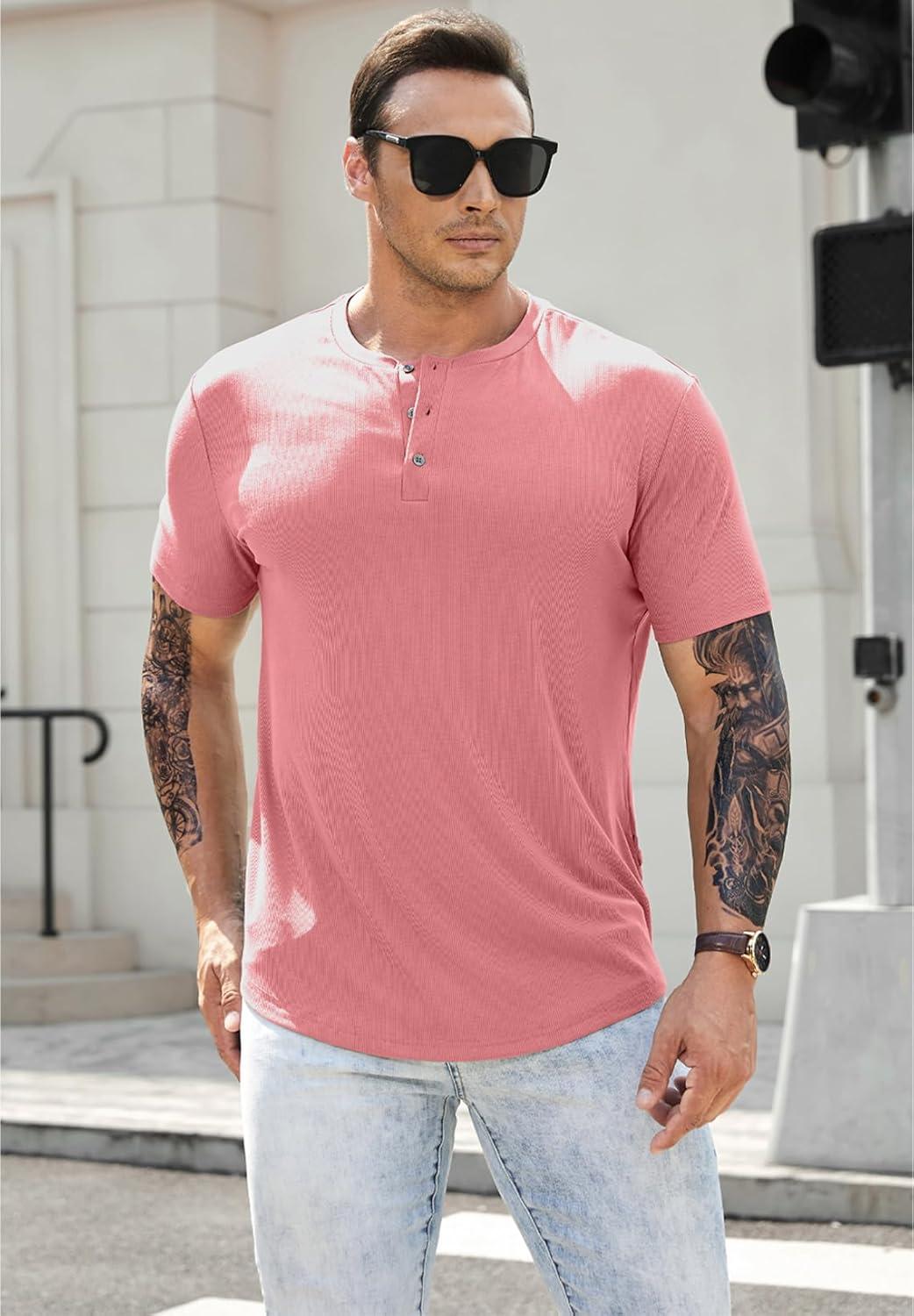 imageJMIERR Mens Muscle Slim Henley Shirts Crewneck Longline TShirt Gym Workout Athletic Shirt Tees with ButtonA Pink