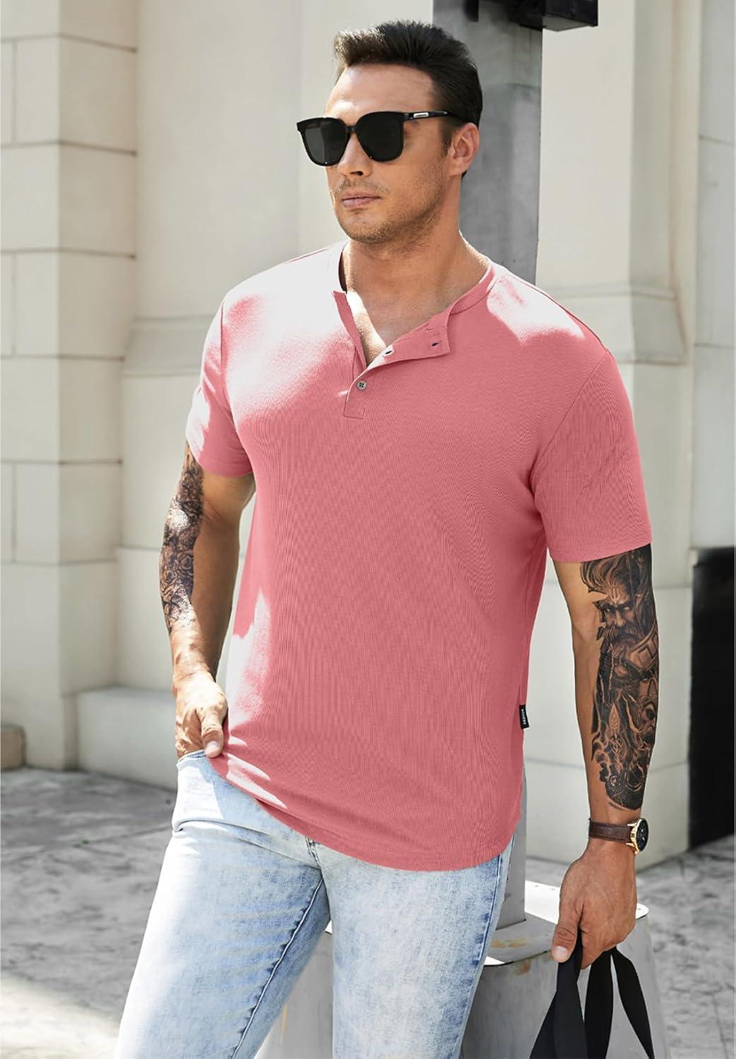 imageJMIERR Mens Muscle Slim Henley Shirts Crewneck Longline TShirt Gym Workout Athletic Shirt Tees with ButtonA Pink