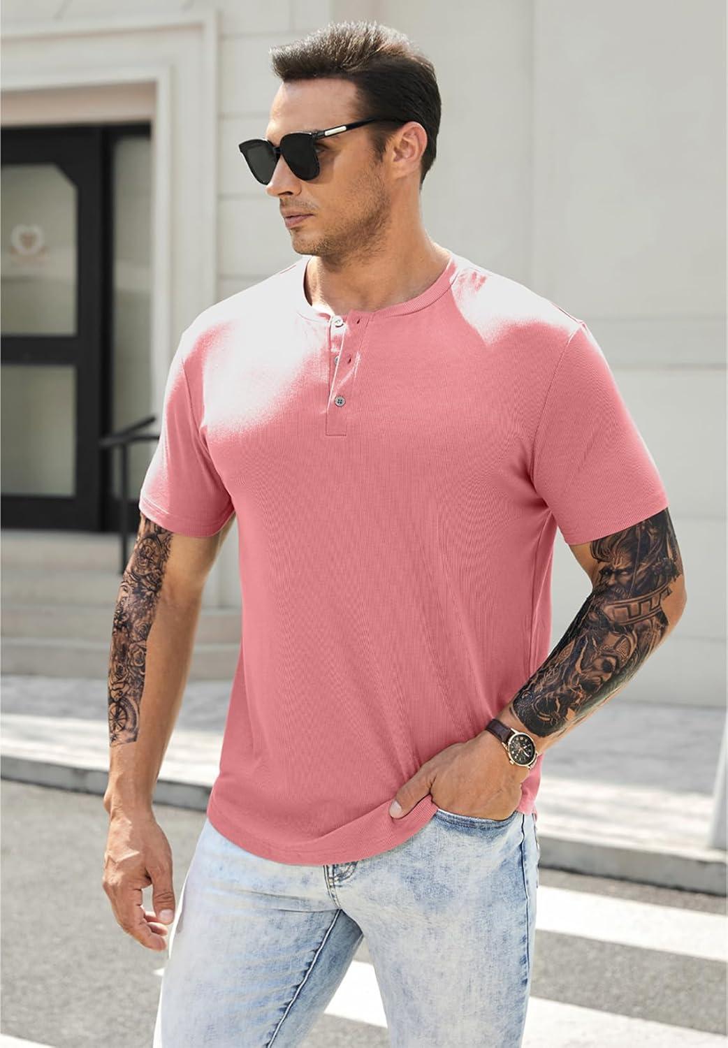 imageJMIERR Mens Muscle Slim Henley Shirts Crewneck Longline TShirt Gym Workout Athletic Shirt Tees with ButtonA Pink