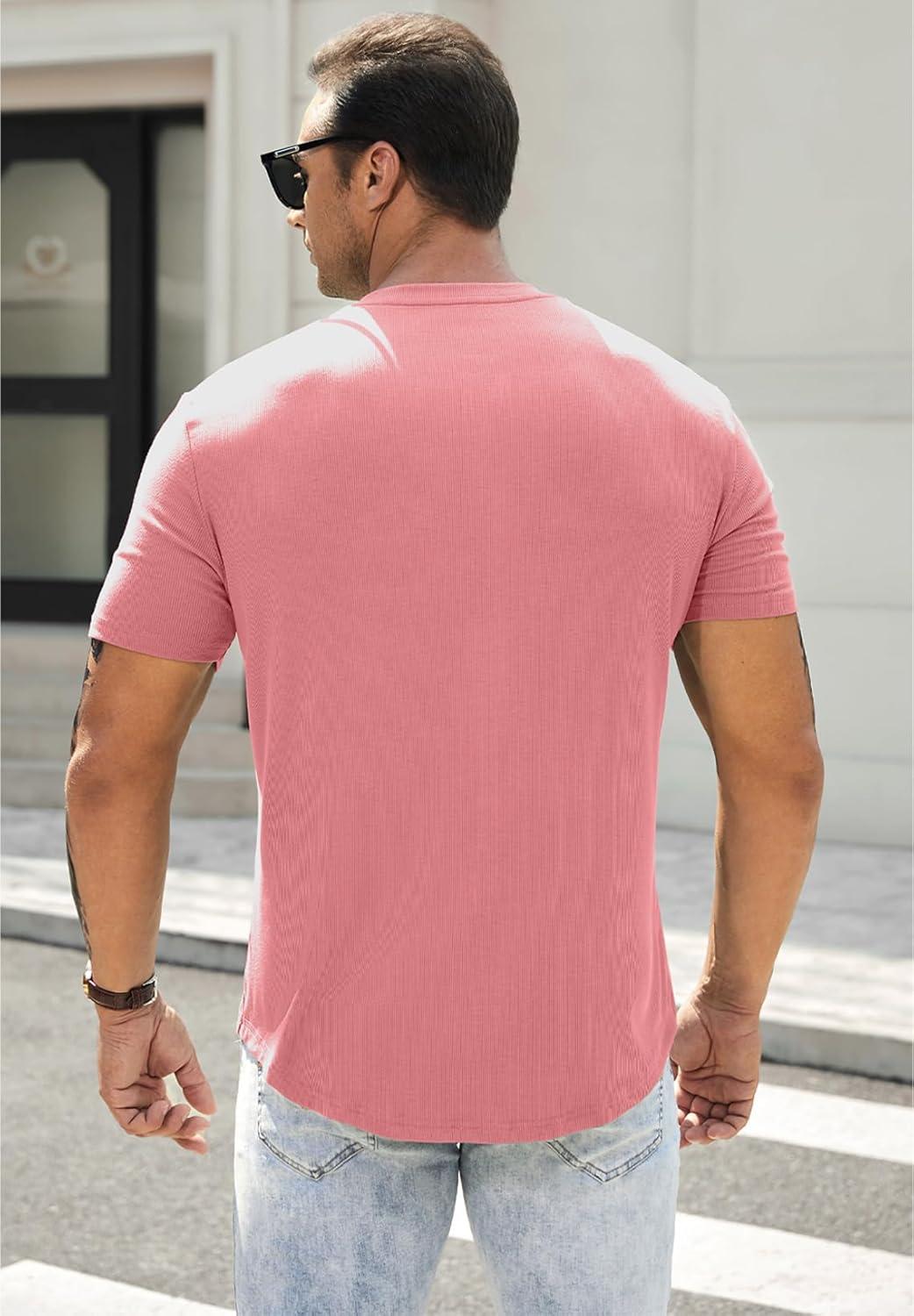 imageJMIERR Mens Muscle Slim Henley Shirts Crewneck Longline TShirt Gym Workout Athletic Shirt Tees with ButtonA Pink