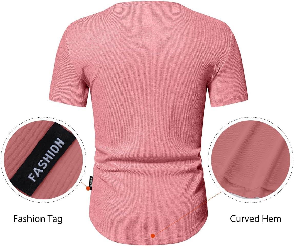 imageJMIERR Mens Muscle Slim Henley Shirts Crewneck Longline TShirt Gym Workout Athletic Shirt Tees with ButtonA Pink