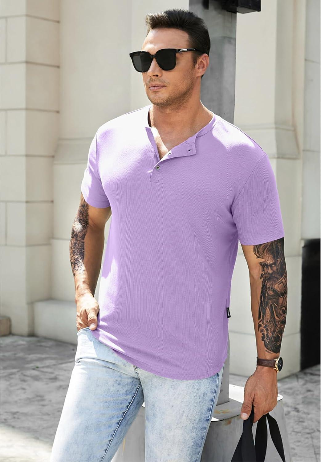 imageJMIERR Mens Muscle Slim Henley Shirts Crewneck Longline TShirt Gym Workout Athletic Shirt Tees with ButtonA Purple