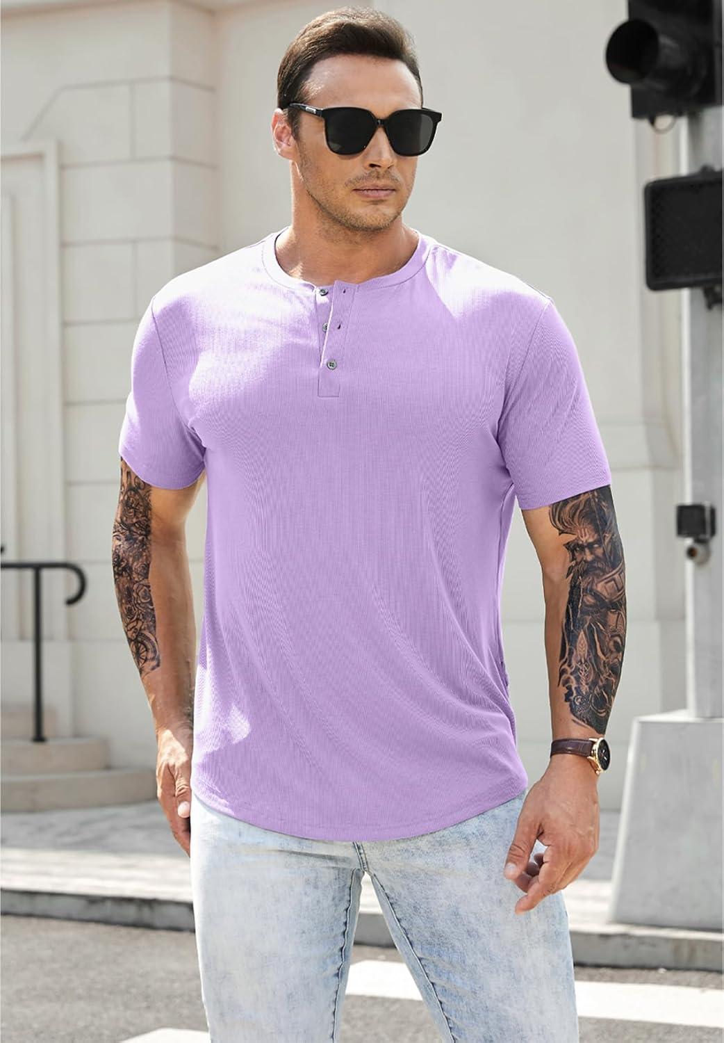 imageJMIERR Mens Muscle Slim Henley Shirts Crewneck Longline TShirt Gym Workout Athletic Shirt Tees with ButtonA Purple