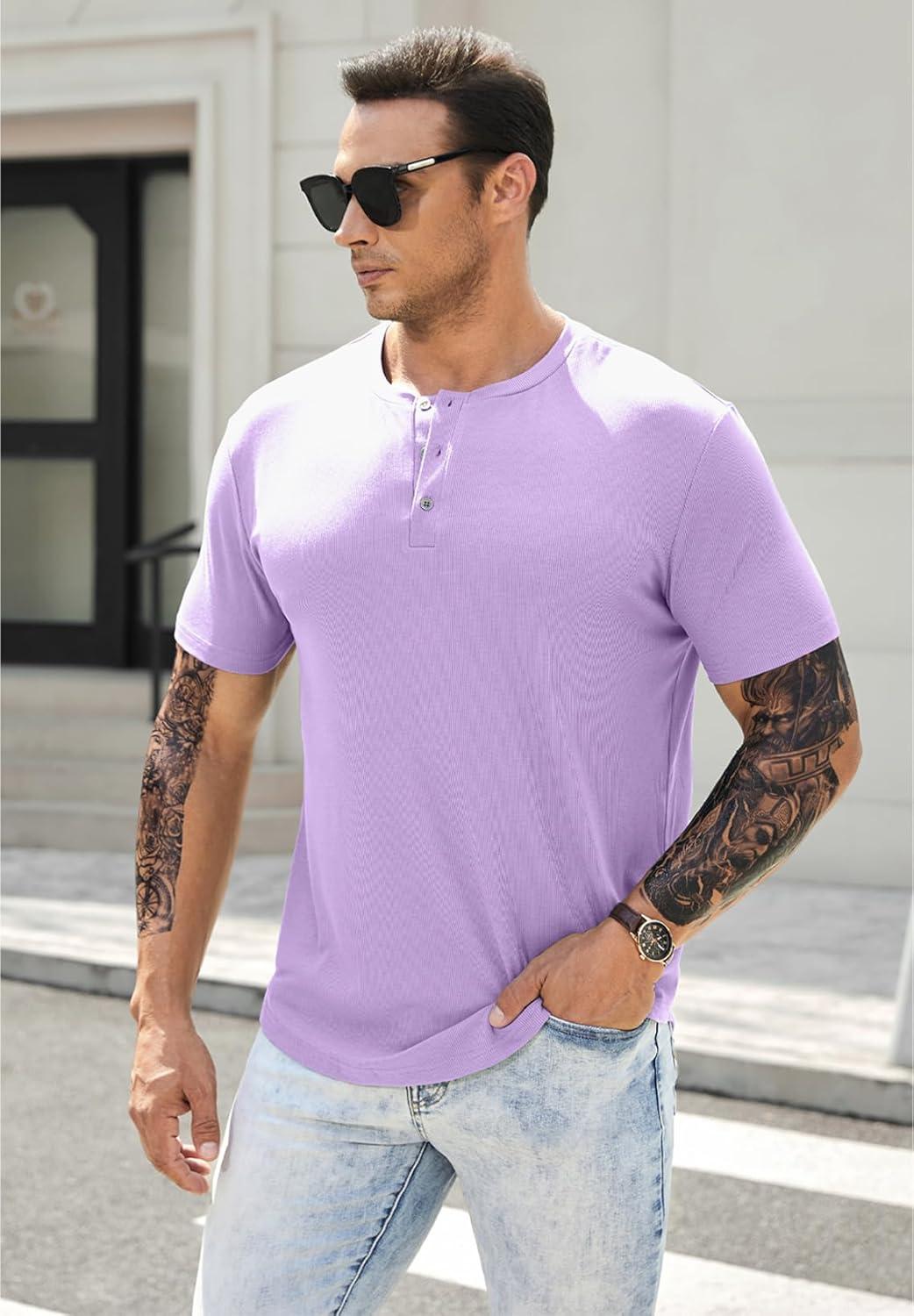 imageJMIERR Mens Muscle Slim Henley Shirts Crewneck Longline TShirt Gym Workout Athletic Shirt Tees with ButtonA Purple