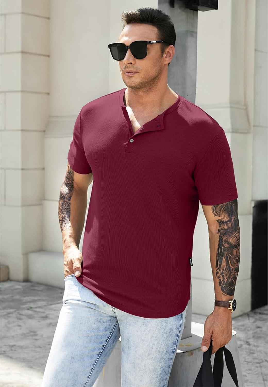 imageJMIERR Mens Muscle Slim Henley Shirts Crewneck Longline TShirt Gym Workout Athletic Shirt Tees with ButtonA Red