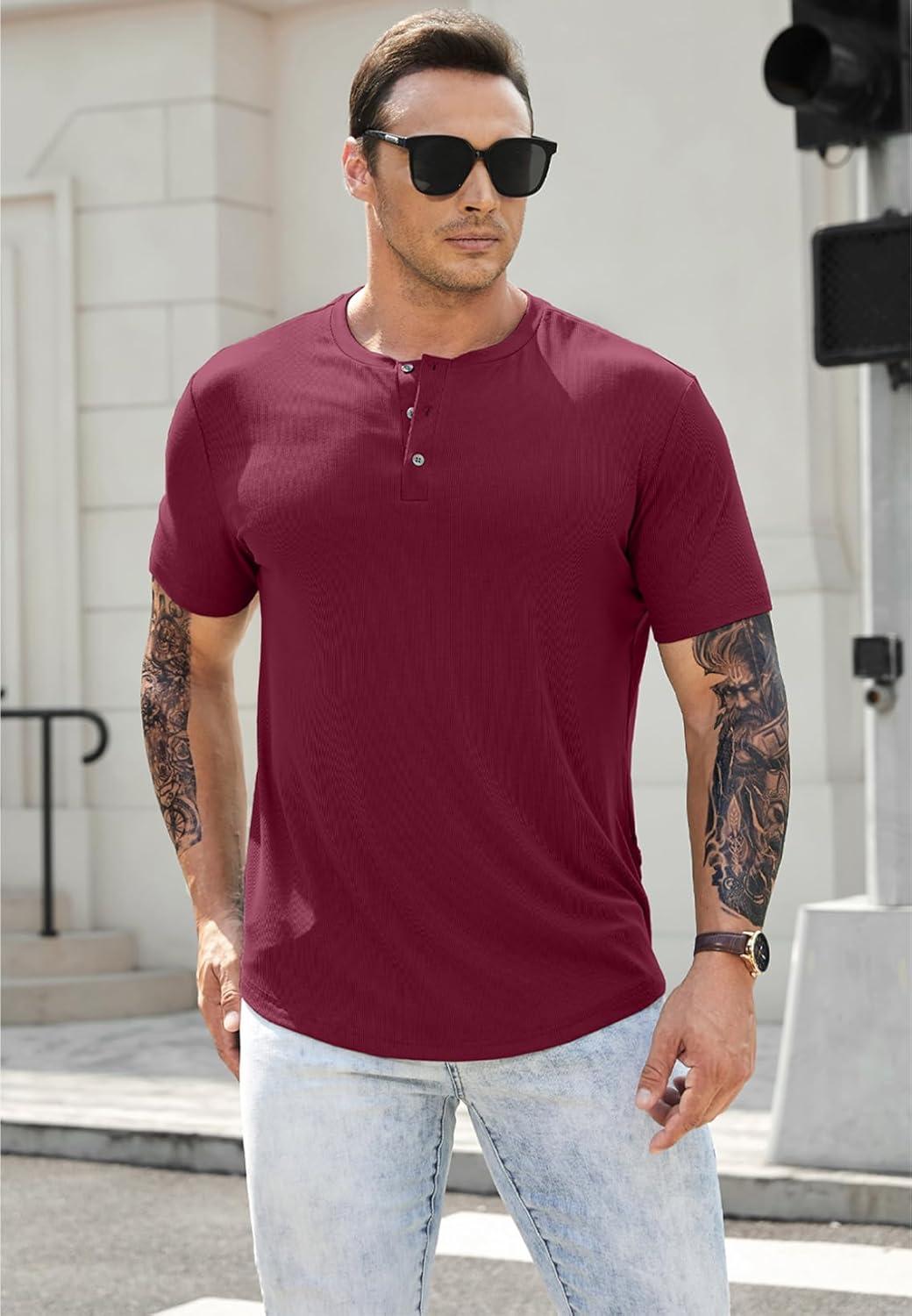 imageJMIERR Mens Muscle Slim Henley Shirts Crewneck Longline TShirt Gym Workout Athletic Shirt Tees with ButtonA Red