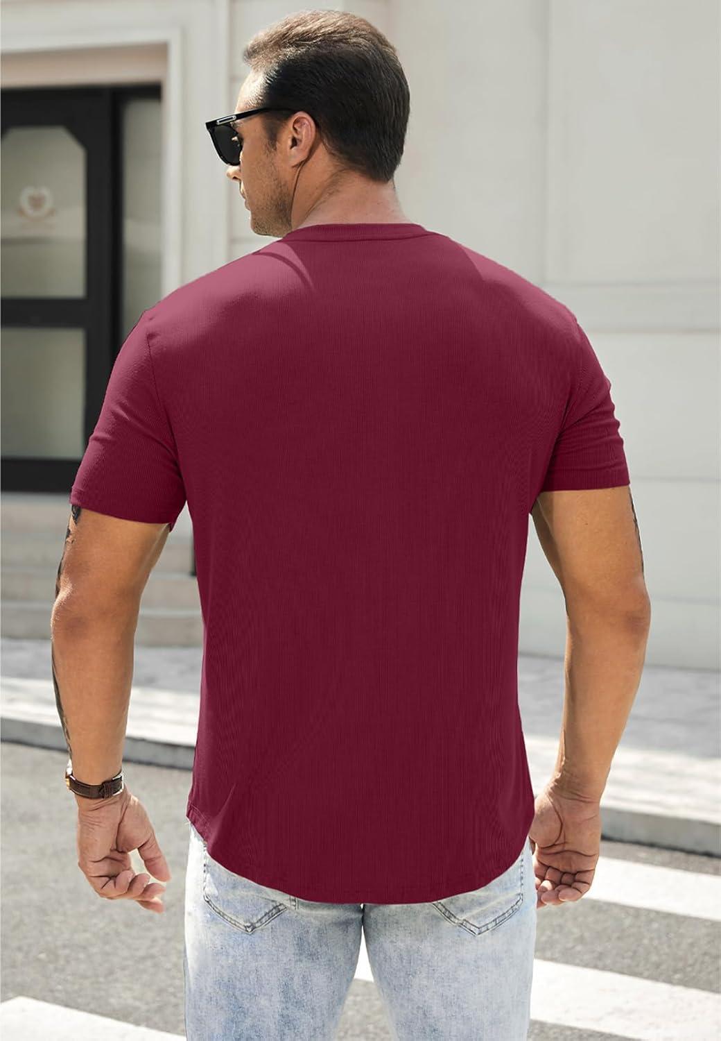 imageJMIERR Mens Muscle Slim Henley Shirts Crewneck Longline TShirt Gym Workout Athletic Shirt Tees with ButtonA Red