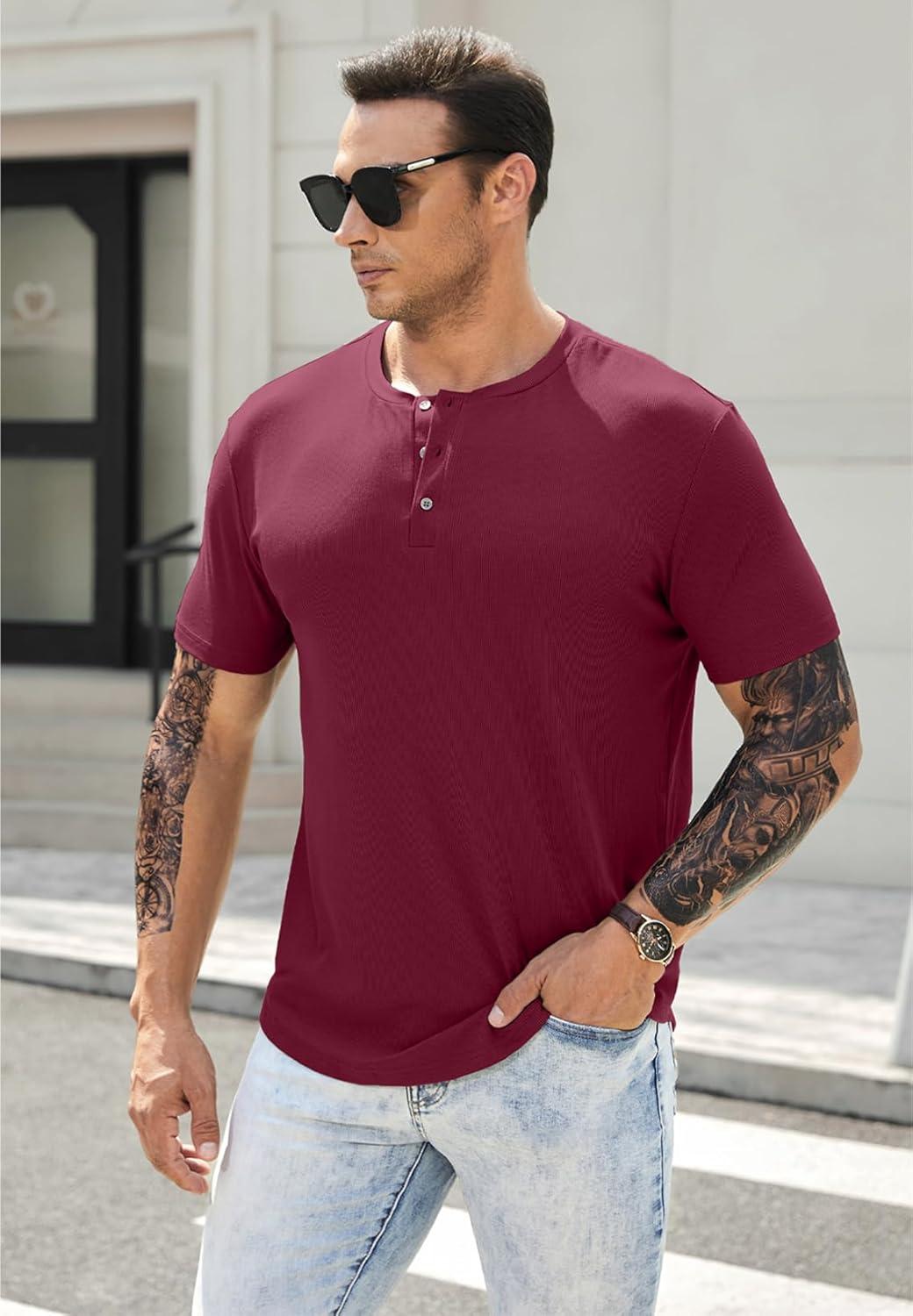 imageJMIERR Mens Muscle Slim Henley Shirts Crewneck Longline TShirt Gym Workout Athletic Shirt Tees with ButtonA Red