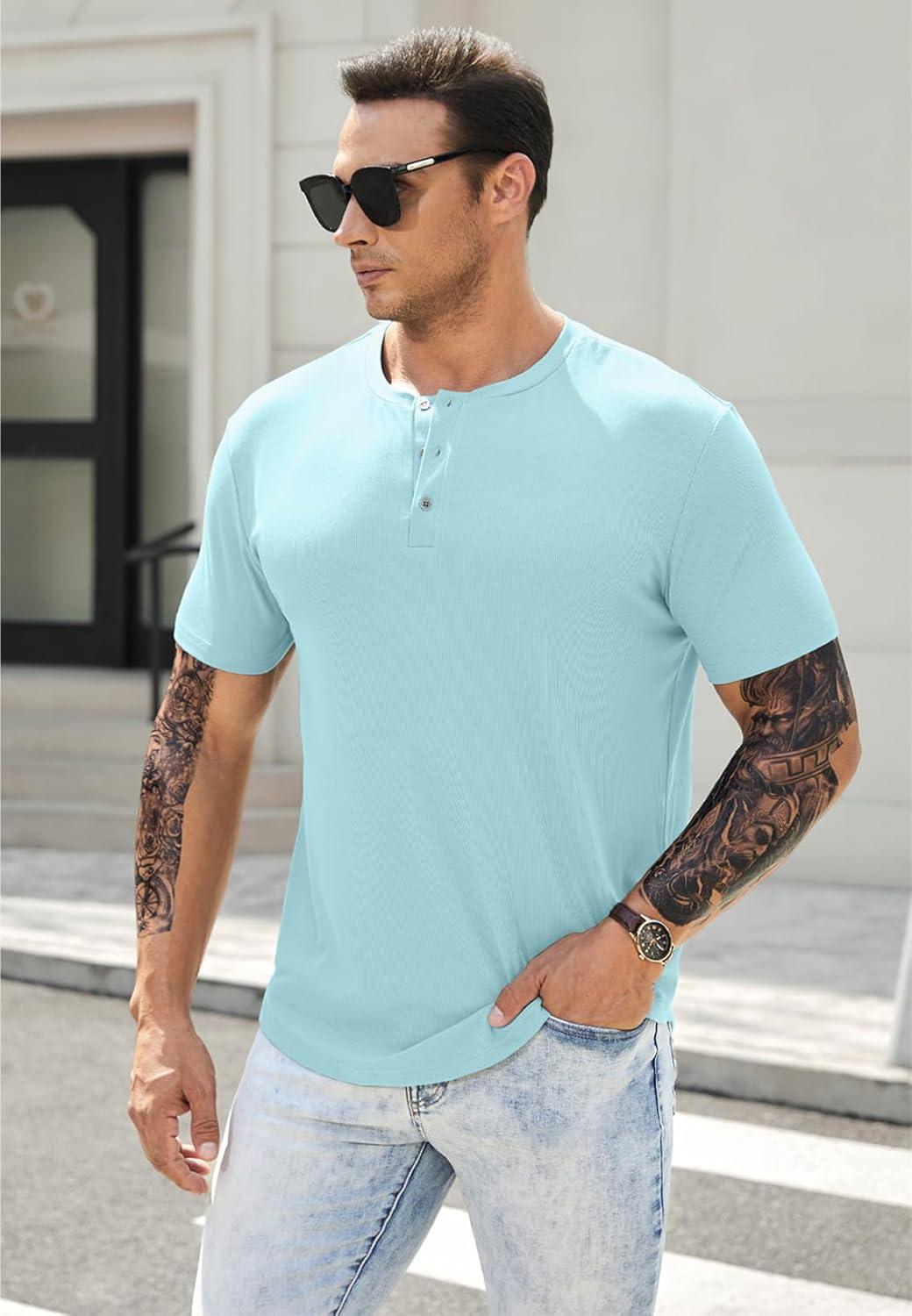 imageJMIERR Mens Muscle Slim Henley Shirts Crewneck Longline TShirt Gym Workout Athletic Shirt Tees with ButtonA Sky Blue