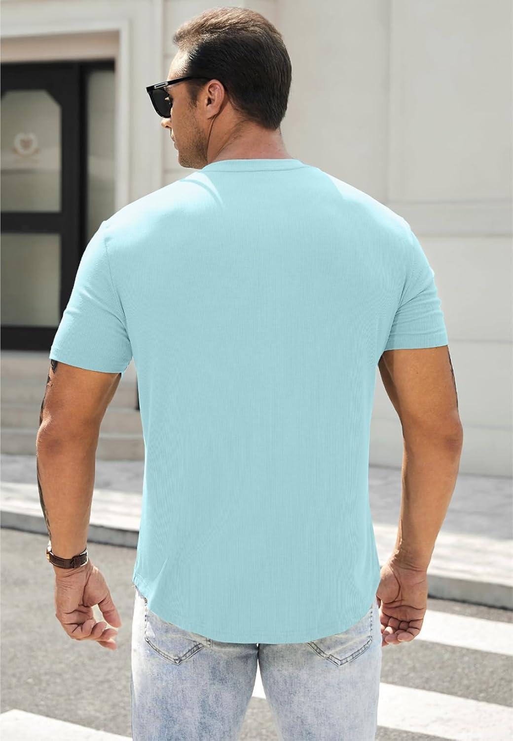 imageJMIERR Mens Muscle Slim Henley Shirts Crewneck Longline TShirt Gym Workout Athletic Shirt Tees with ButtonA Sky Blue