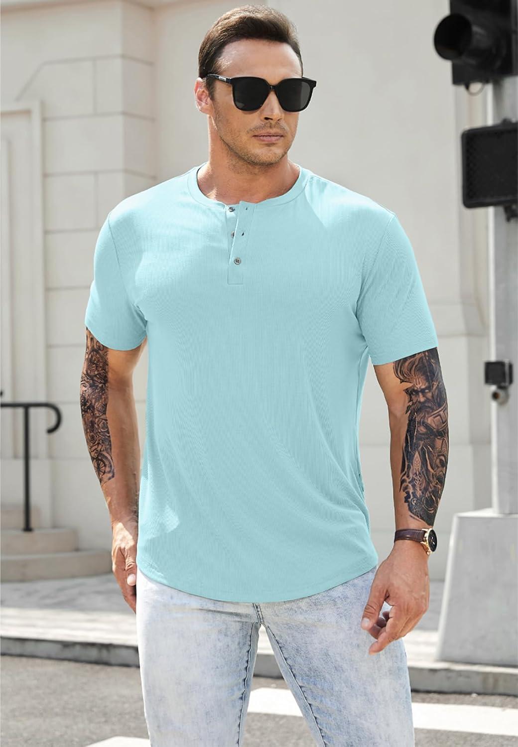imageJMIERR Mens Muscle Slim Henley Shirts Crewneck Longline TShirt Gym Workout Athletic Shirt Tees with ButtonA Sky Blue