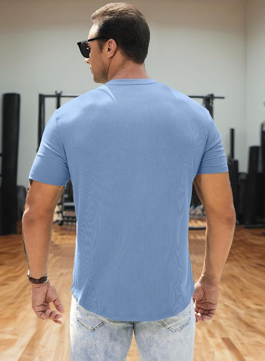imageJMIERR Mens Muscle Slim Henley Shirts Crewneck Longline TShirt Gym Workout Athletic Shirt Tees with ButtonBeau Blue