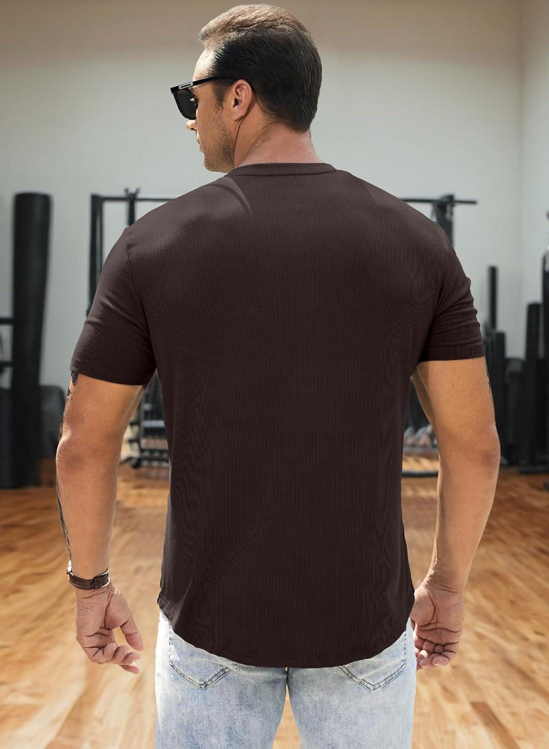 imageJMIERR Mens Muscle Slim Henley Shirts Crewneck Longline TShirt Gym Workout Athletic Shirt Tees with ButtonChicory Coffee