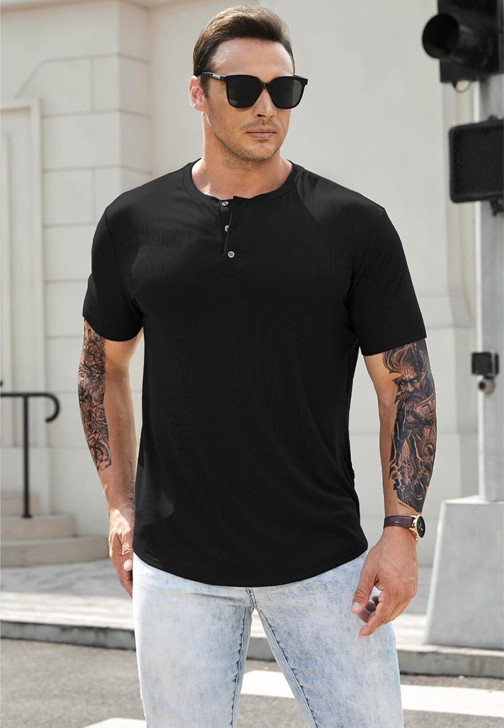 imageJMIERR Mens Muscle Slim Henley Shirts Crewneck Longline TShirt Gym Workout Athletic Shirt Tees with ButtonPackblackBlack