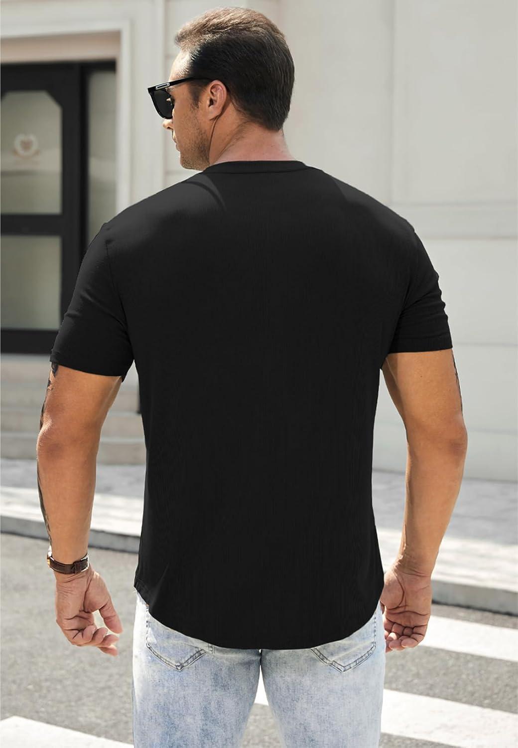 imageJMIERR Mens Muscle Slim Henley Shirts Crewneck Longline TShirt Gym Workout Athletic Shirt Tees with ButtonPackblackBlack