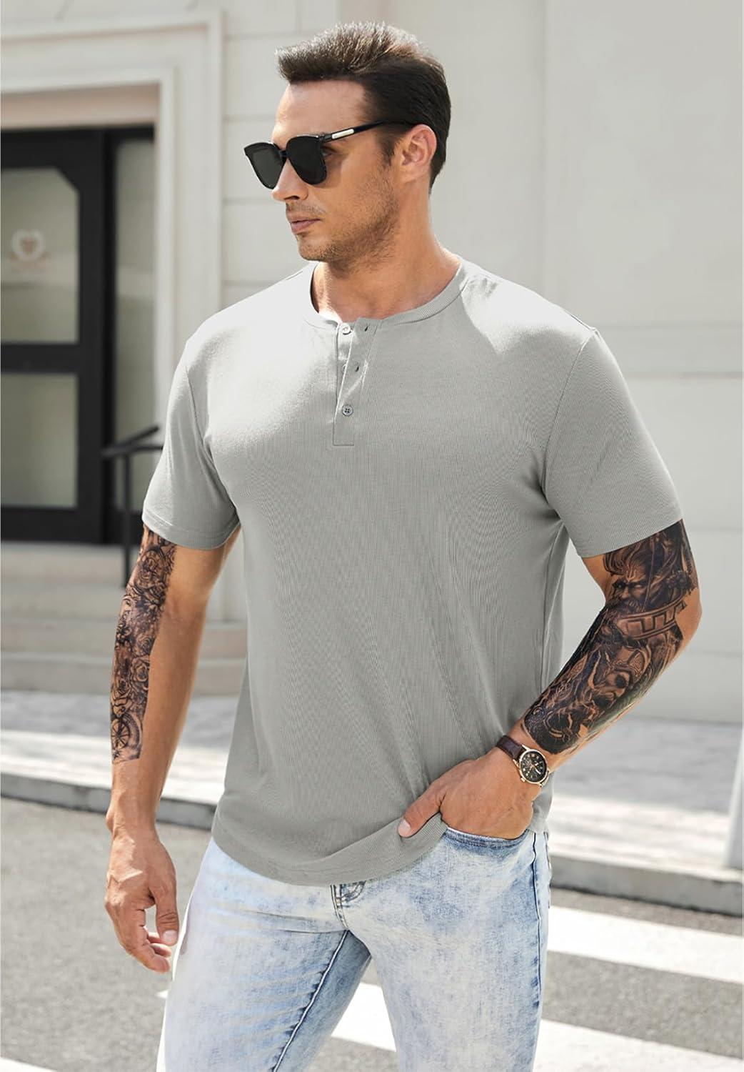 imageJMIERR Mens Muscle Slim Henley Shirts Crewneck Longline TShirt Gym Workout Athletic Shirt Tees with ButtonPackgreyBlack