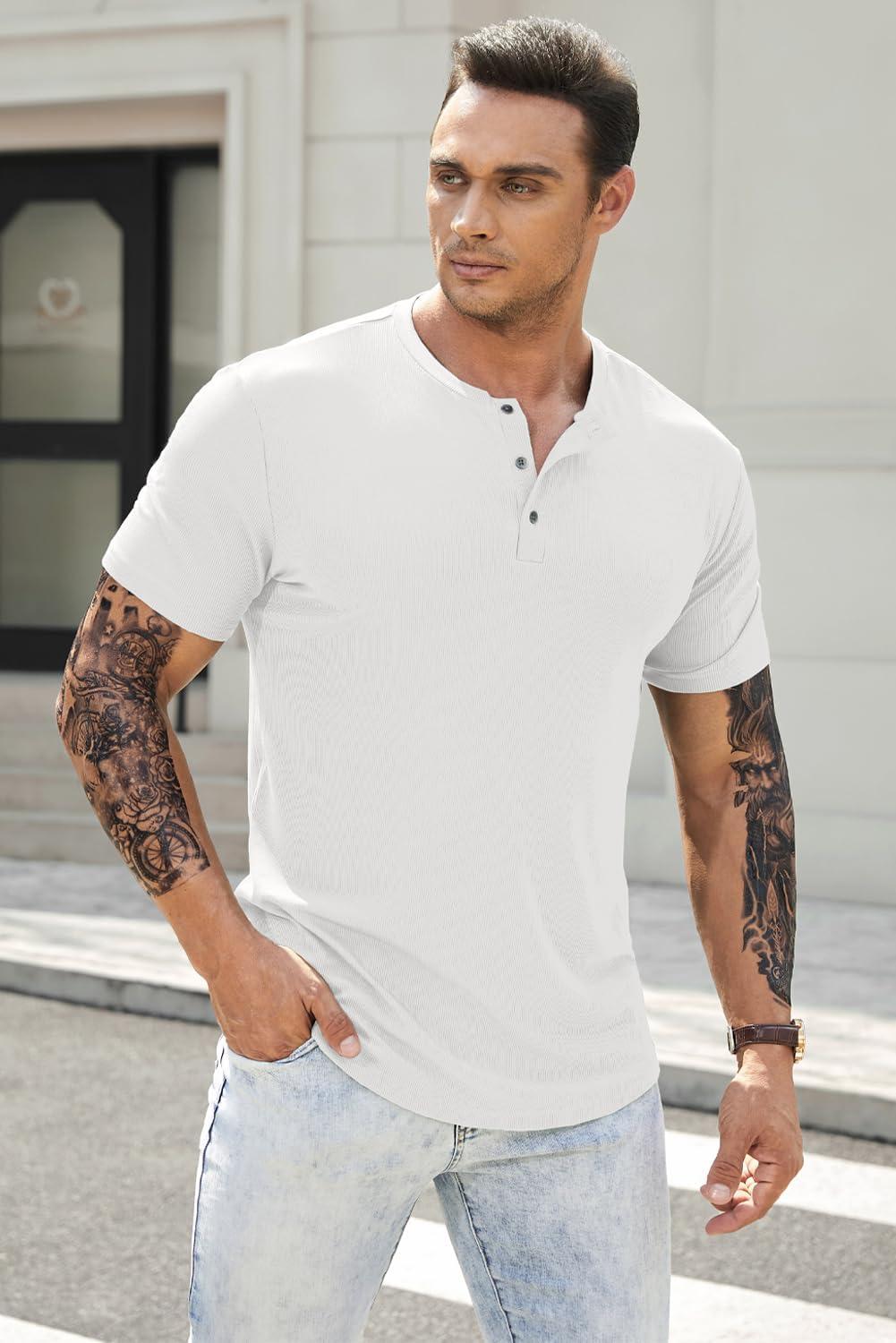 imageJMIERR Mens Muscle Slim Henley Shirts Crewneck Longline TShirt Gym Workout Athletic Shirt Tees with ButtonPackwhiteBlack