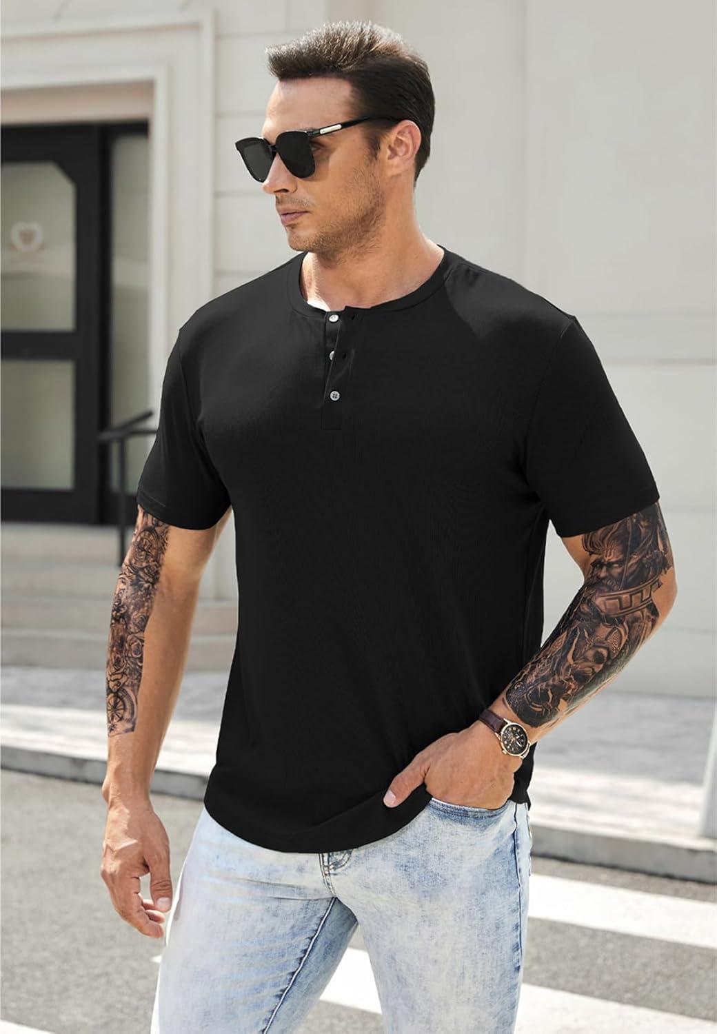 imageJMIERR Mens Muscle Slim Henley Shirts Crewneck Longline TShirt Gym Workout Athletic Shirt Tees with ButtonPackwhiteBlack