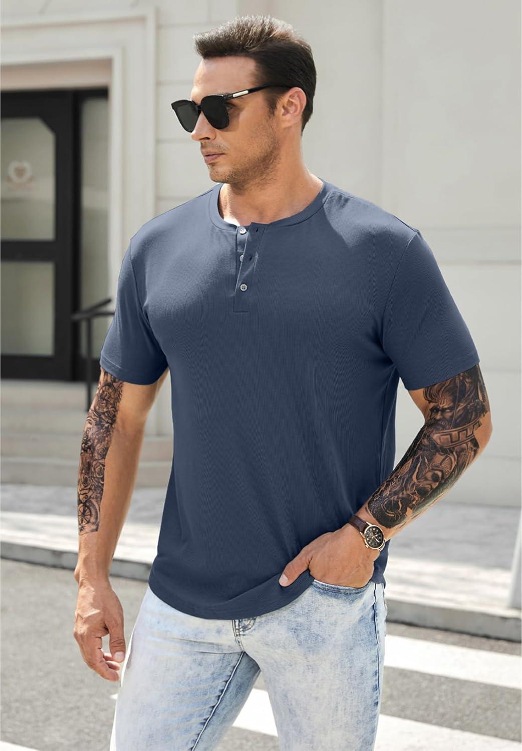 imageJMIERR Mens Muscle Slim Henley Shirts Crewneck Longline TShirt Gym Workout Athletic Shirt Tees with ButtonPackwhiteBlue
