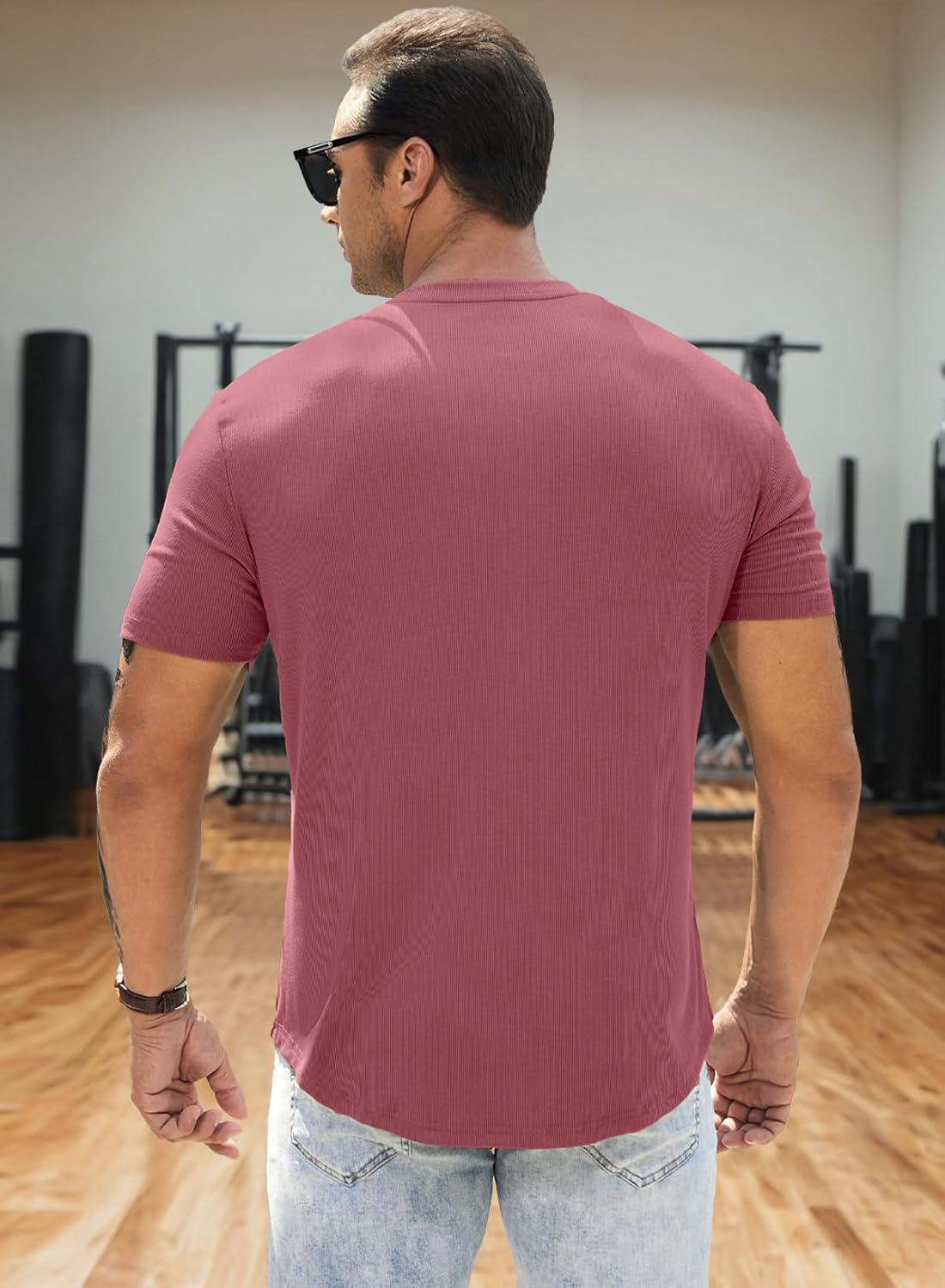 imageJMIERR Mens Muscle Slim Henley Shirts Crewneck Longline TShirt Gym Workout Athletic Shirt Tees with ButtonRose Tan