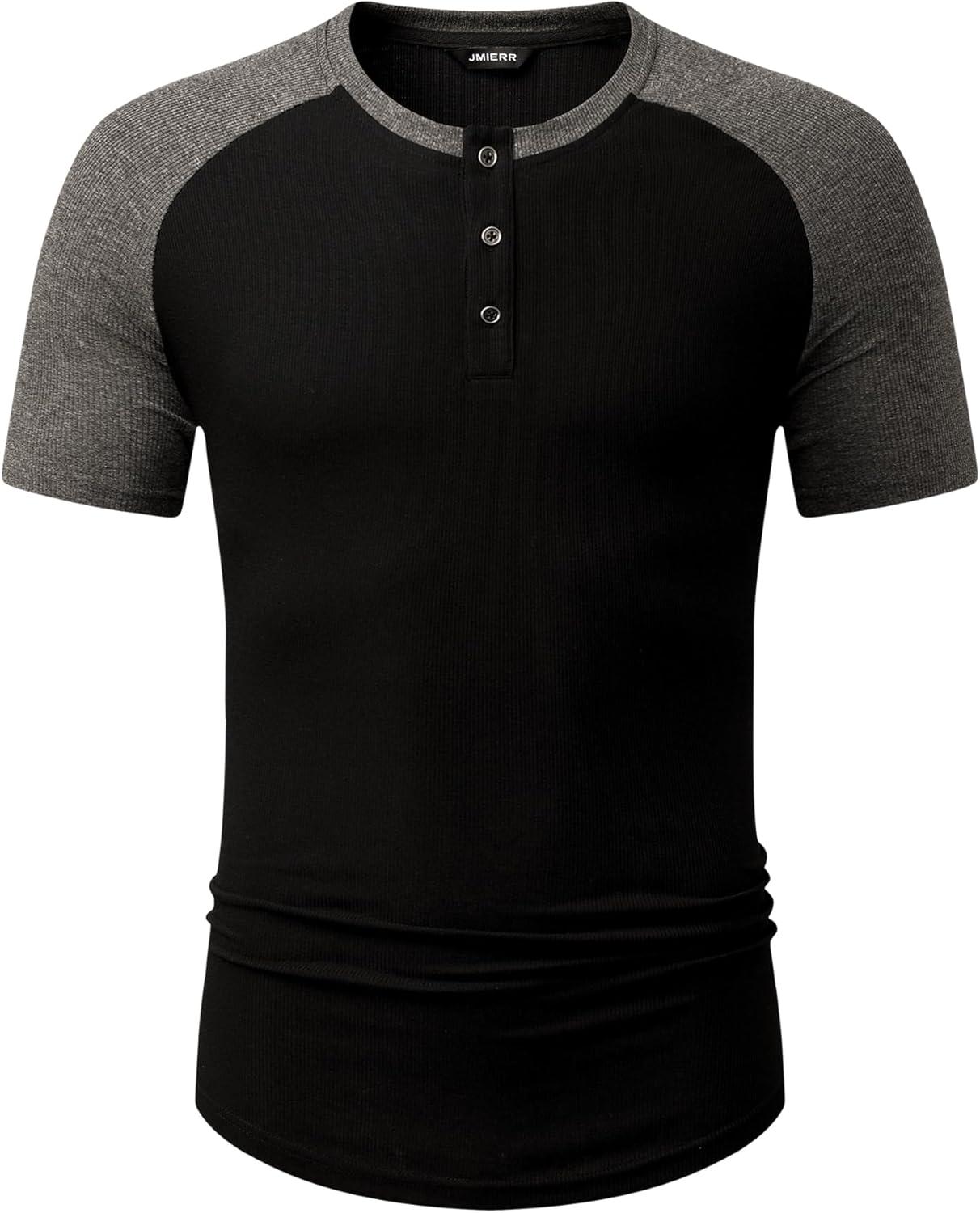 imageJMIERR Mens Muscle Slim Henley Shirts Crewneck Longline TShirt Gym Workout Athletic Shirt Tees with ButtonT Black Grey