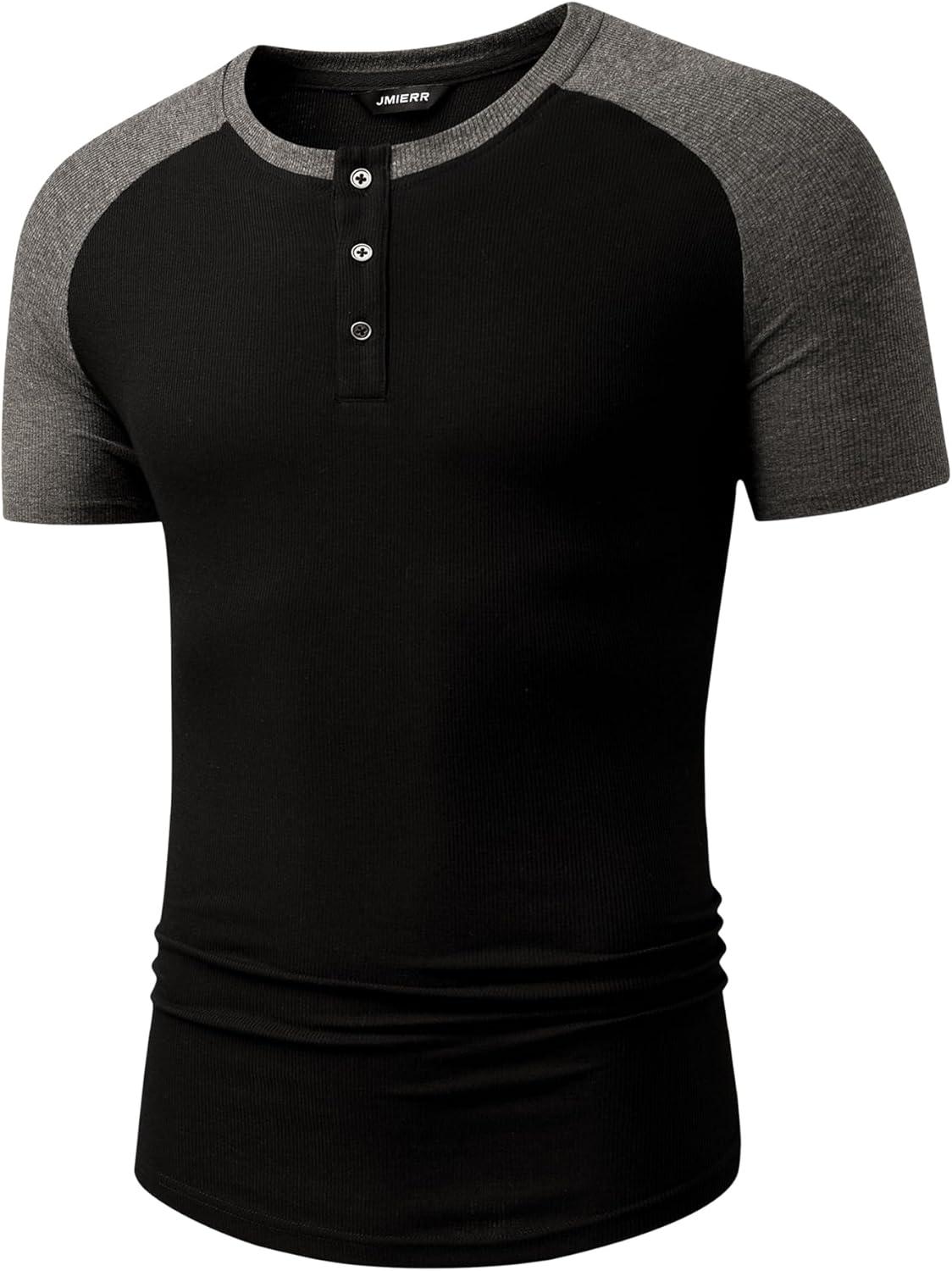 imageJMIERR Mens Muscle Slim Henley Shirts Crewneck Longline TShirt Gym Workout Athletic Shirt Tees with ButtonT Black Grey