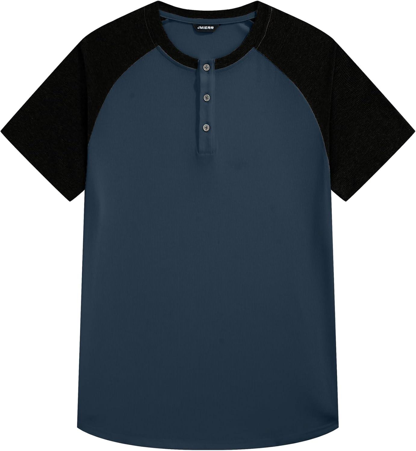 imageJMIERR Mens Muscle Slim Henley Shirts Crewneck Longline TShirt Gym Workout Athletic Shirt Tees with ButtonT Blue Black