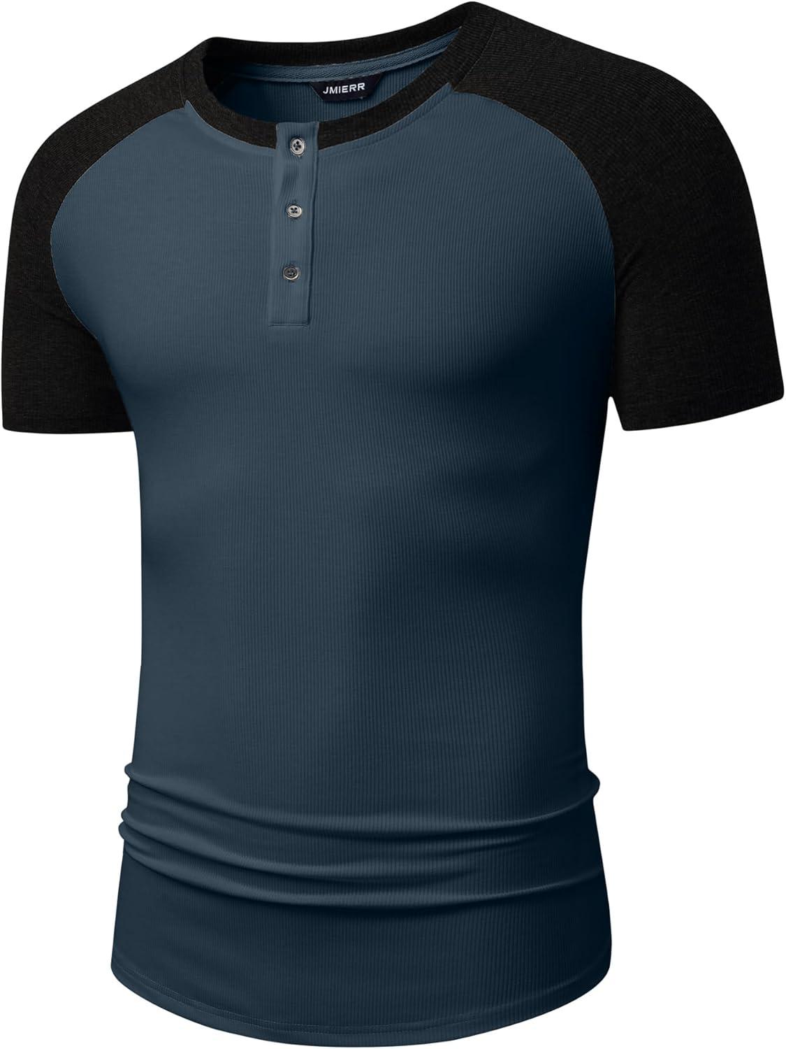 imageJMIERR Mens Muscle Slim Henley Shirts Crewneck Longline TShirt Gym Workout Athletic Shirt Tees with ButtonT Blue Black