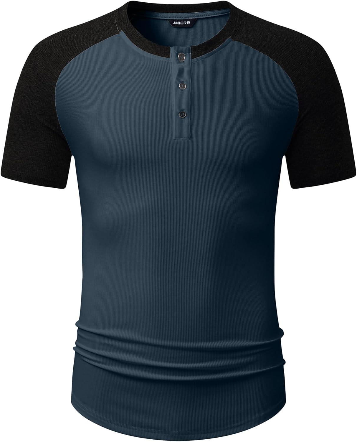 imageJMIERR Mens Muscle Slim Henley Shirts Crewneck Longline TShirt Gym Workout Athletic Shirt Tees with ButtonT Blue Black