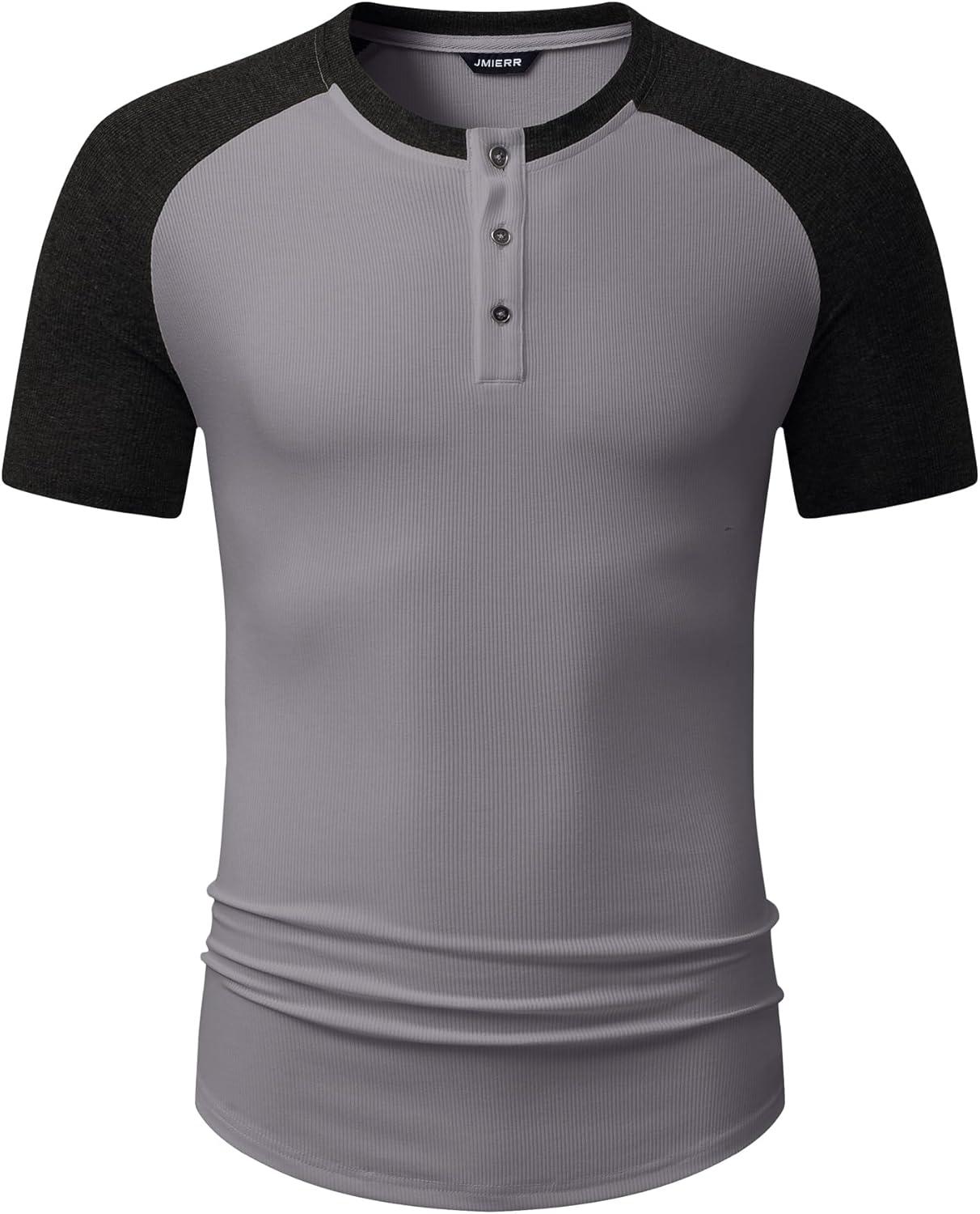 imageJMIERR Mens Muscle Slim Henley Shirts Crewneck Longline TShirt Gym Workout Athletic Shirt Tees with ButtonT Grey Black