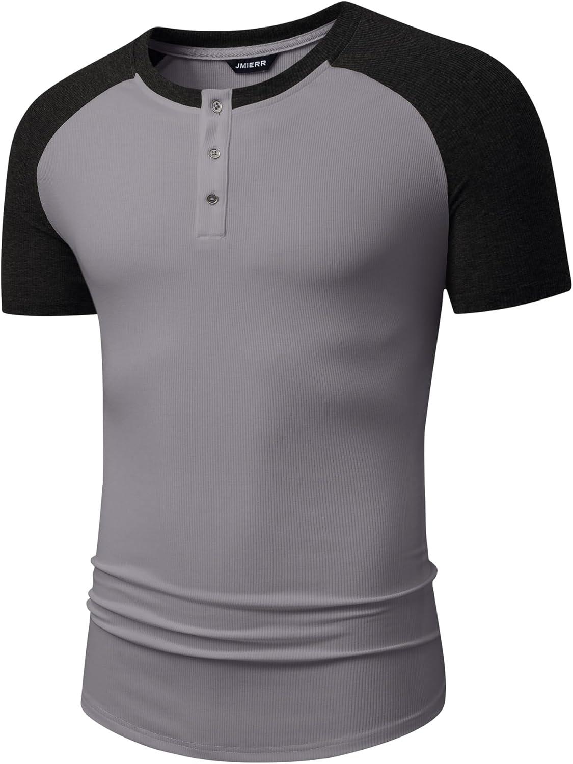 imageJMIERR Mens Muscle Slim Henley Shirts Crewneck Longline TShirt Gym Workout Athletic Shirt Tees with ButtonT Grey Black