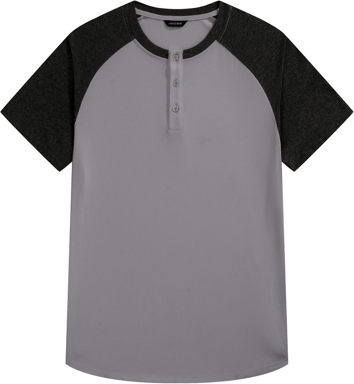 imageJMIERR Mens Muscle Slim Henley Shirts Crewneck Longline TShirt Gym Workout Athletic Shirt Tees with ButtonT Grey Black