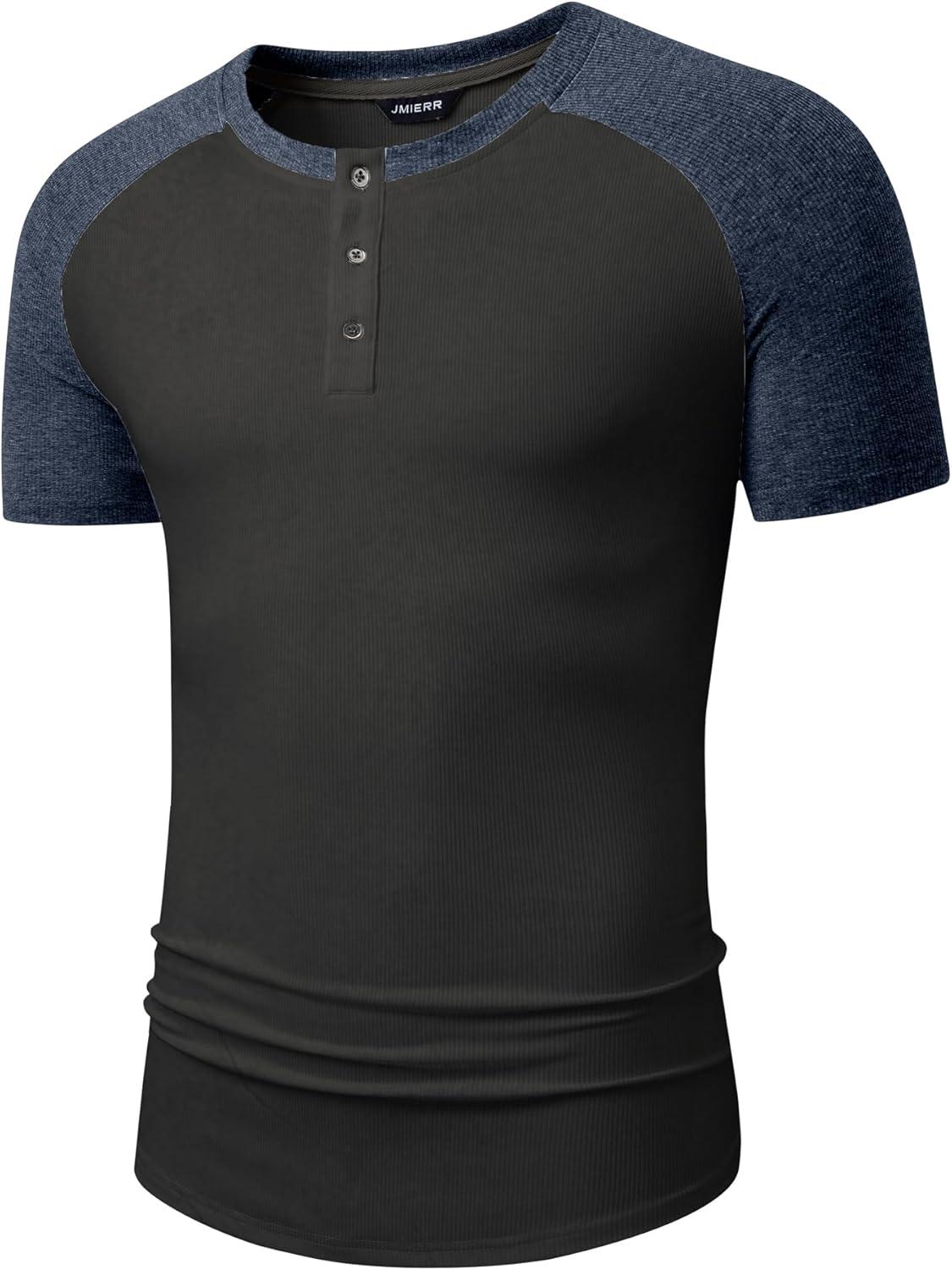 imageJMIERR Mens Muscle Slim Henley Shirts Crewneck Longline TShirt Gym Workout Athletic Shirt Tees with ButtonT Grey Blue