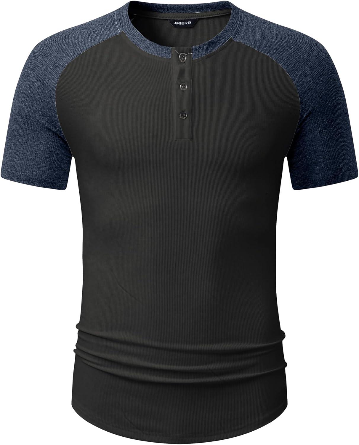 imageJMIERR Mens Muscle Slim Henley Shirts Crewneck Longline TShirt Gym Workout Athletic Shirt Tees with ButtonT Grey Blue