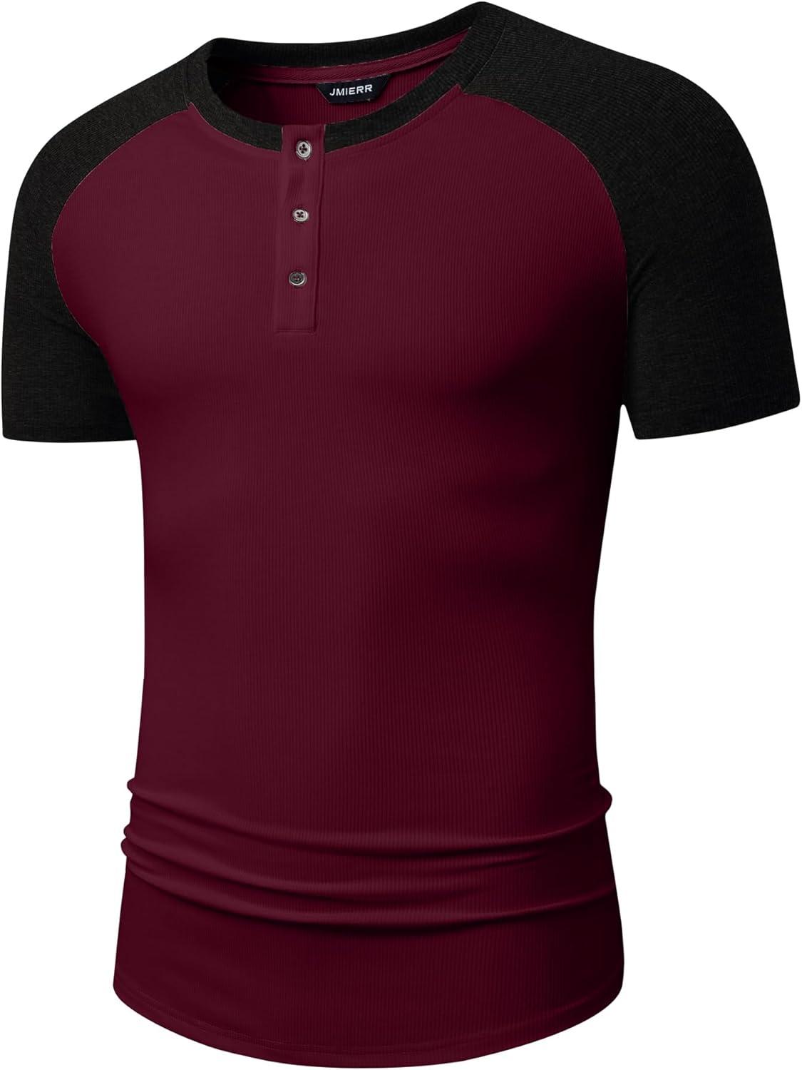 imageJMIERR Mens Muscle Slim Henley Shirts Crewneck Longline TShirt Gym Workout Athletic Shirt Tees with ButtonT Red Black