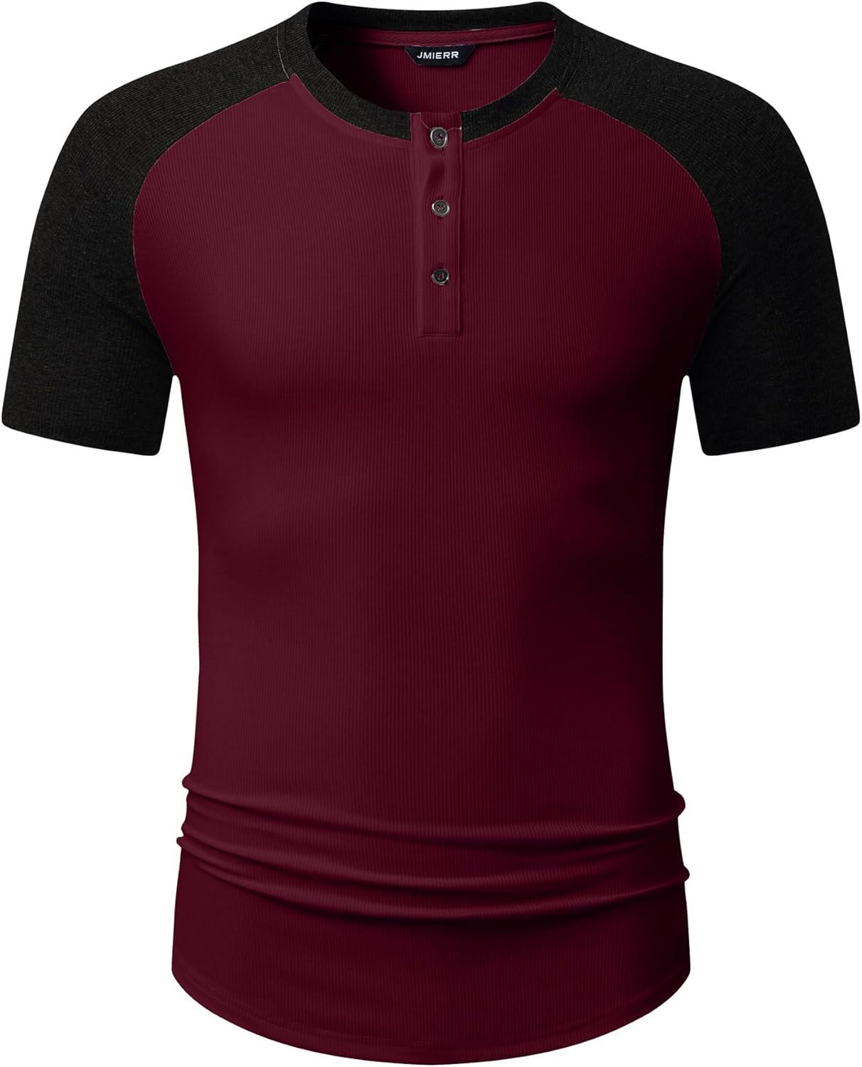 imageJMIERR Mens Muscle Slim Henley Shirts Crewneck Longline TShirt Gym Workout Athletic Shirt Tees with ButtonT Red Black