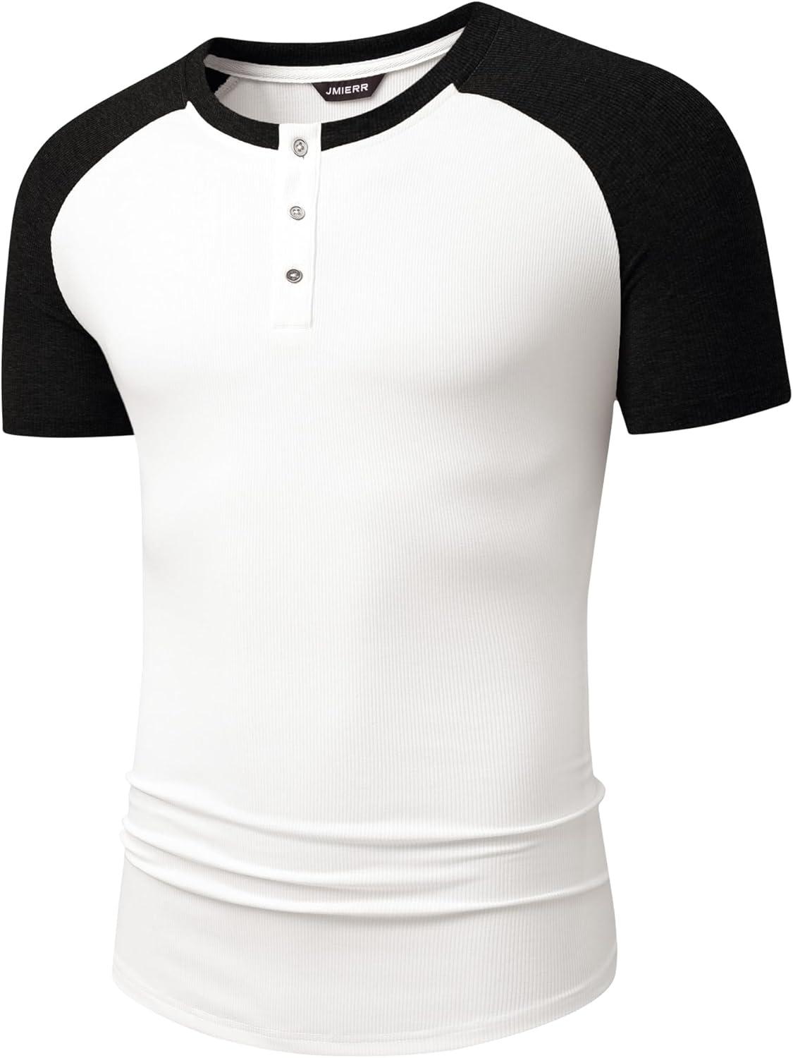 imageJMIERR Mens Muscle Slim Henley Shirts Crewneck Longline TShirt Gym Workout Athletic Shirt Tees with ButtonT White Black