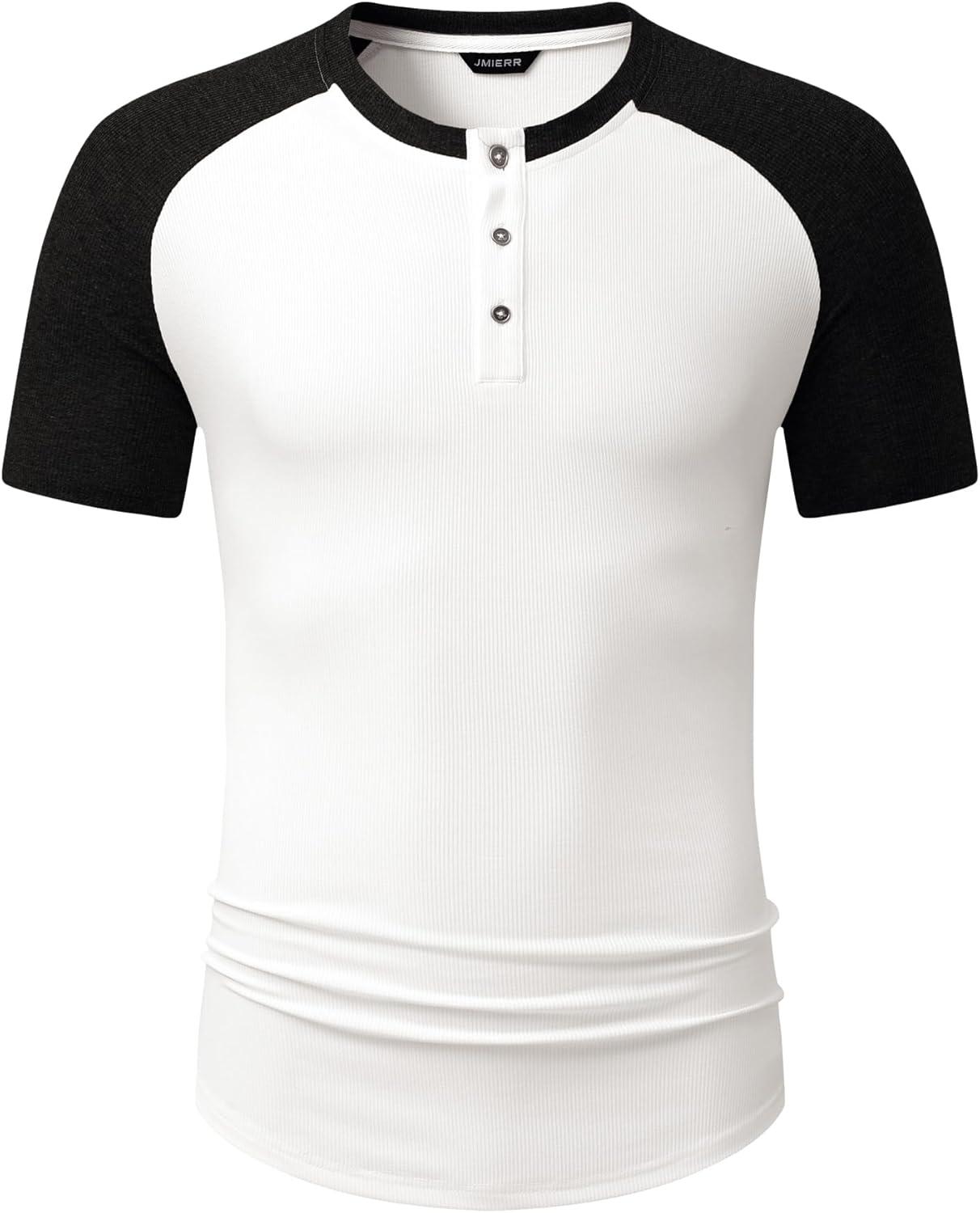 imageJMIERR Mens Muscle Slim Henley Shirts Crewneck Longline TShirt Gym Workout Athletic Shirt Tees with ButtonT White Black