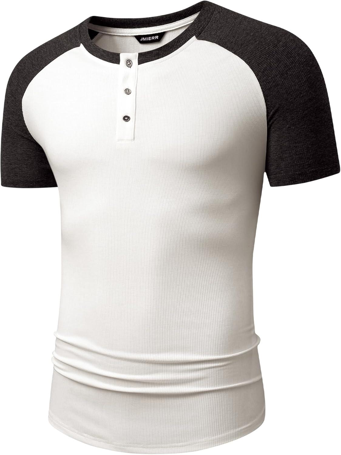imageJMIERR Mens Muscle Slim Henley Shirts Crewneck Longline TShirt Gym Workout Athletic Shirt Tees with ButtonT White Grey