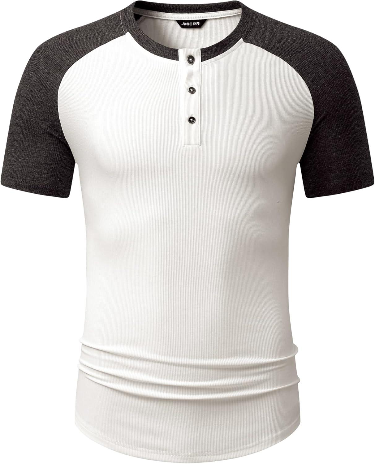 imageJMIERR Mens Muscle Slim Henley Shirts Crewneck Longline TShirt Gym Workout Athletic Shirt Tees with ButtonT White Grey