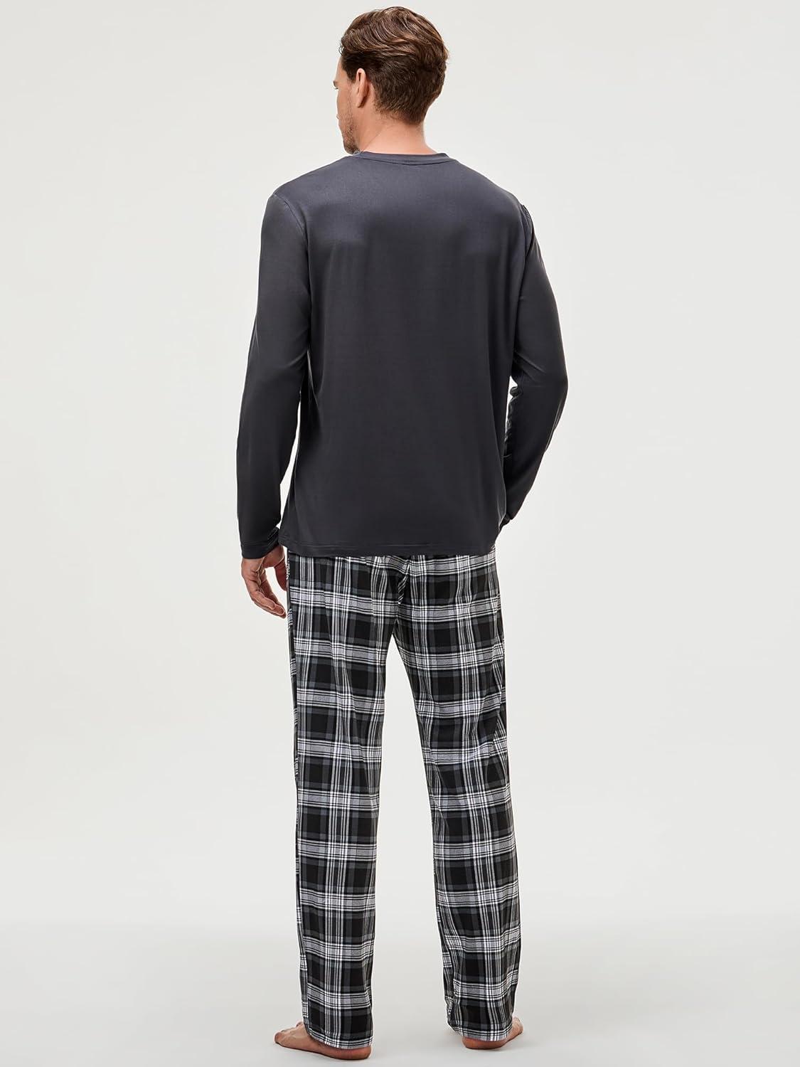imageJMIERR Mens Pajamas Set 2 Piece Long Sleeve TShirt Loungewear Long Plaid Pants with PocketBlack