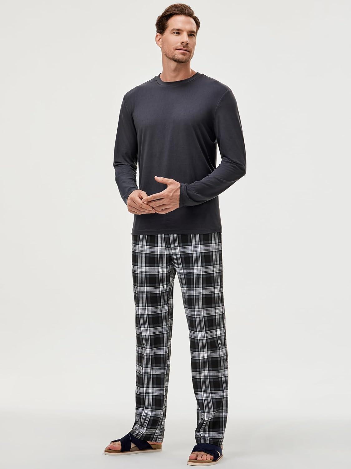 imageJMIERR Mens Pajamas Set 2 Piece Long Sleeve TShirt Loungewear Long Plaid Pants with PocketBlack