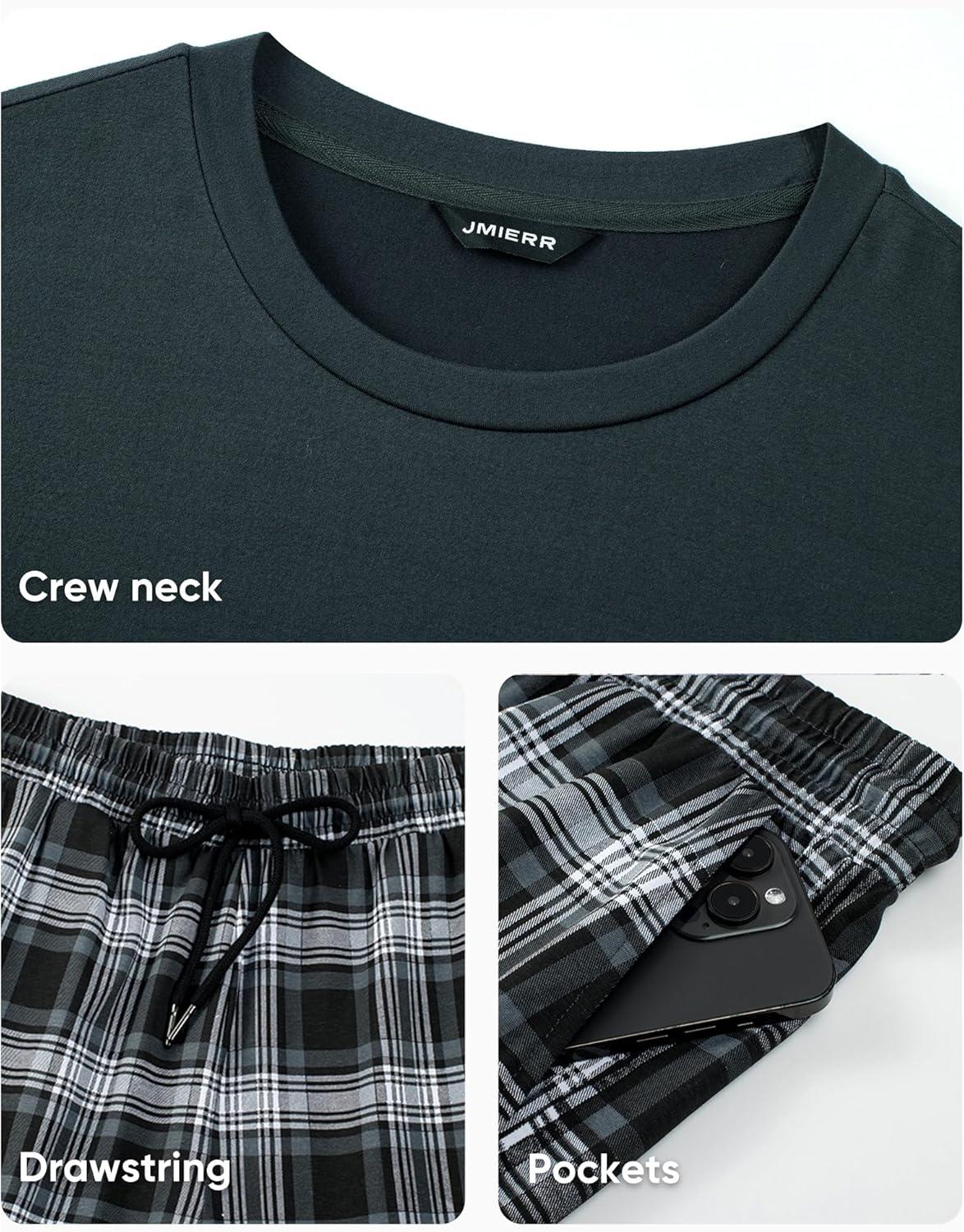 imageJMIERR Mens Pajamas Set 2 Piece Long Sleeve TShirt Loungewear Long Plaid Pants with PocketBlack