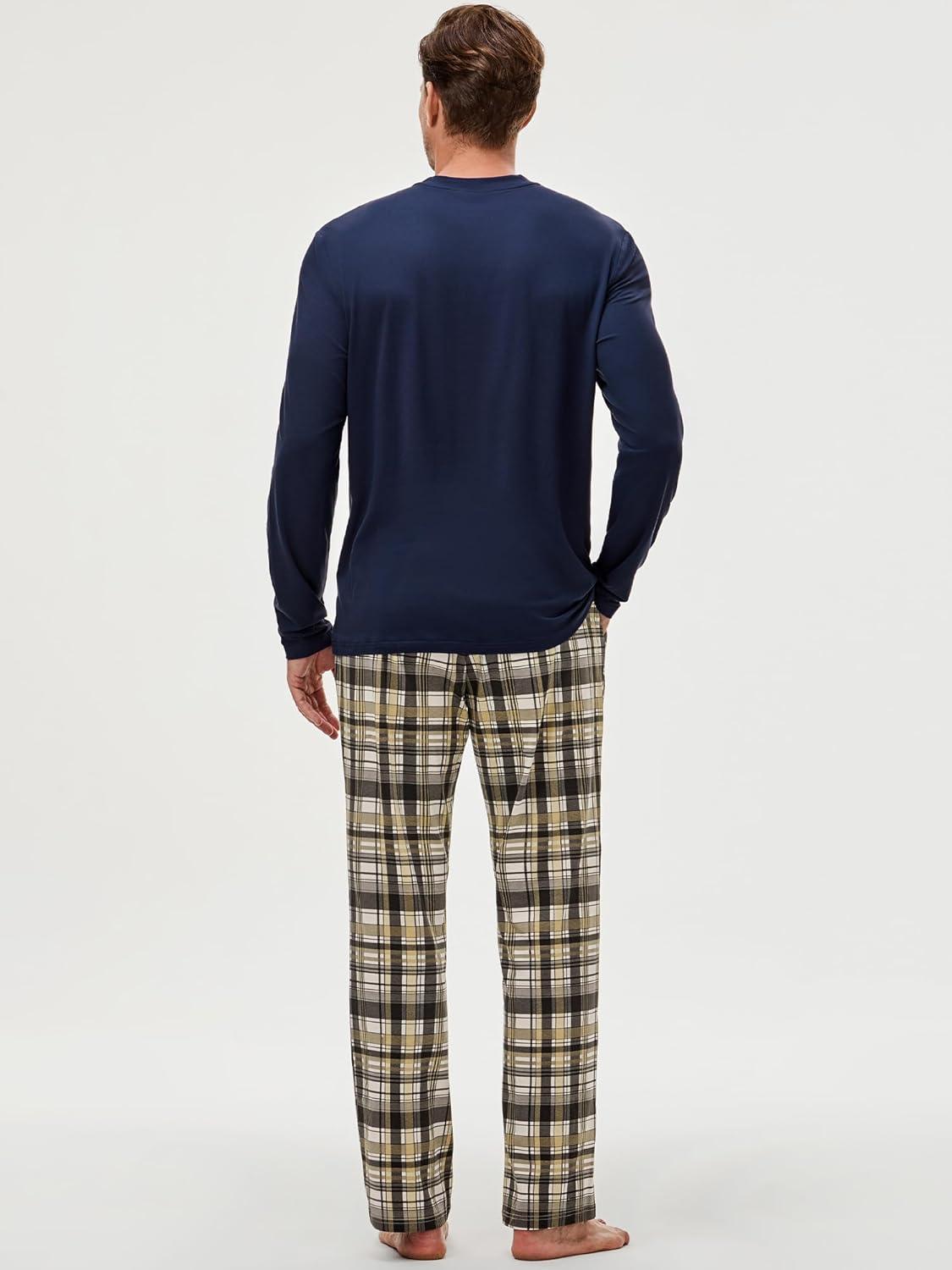 imageJMIERR Mens Pajamas Set 2 Piece Long Sleeve TShirt Loungewear Long Plaid Pants with PocketKhaki