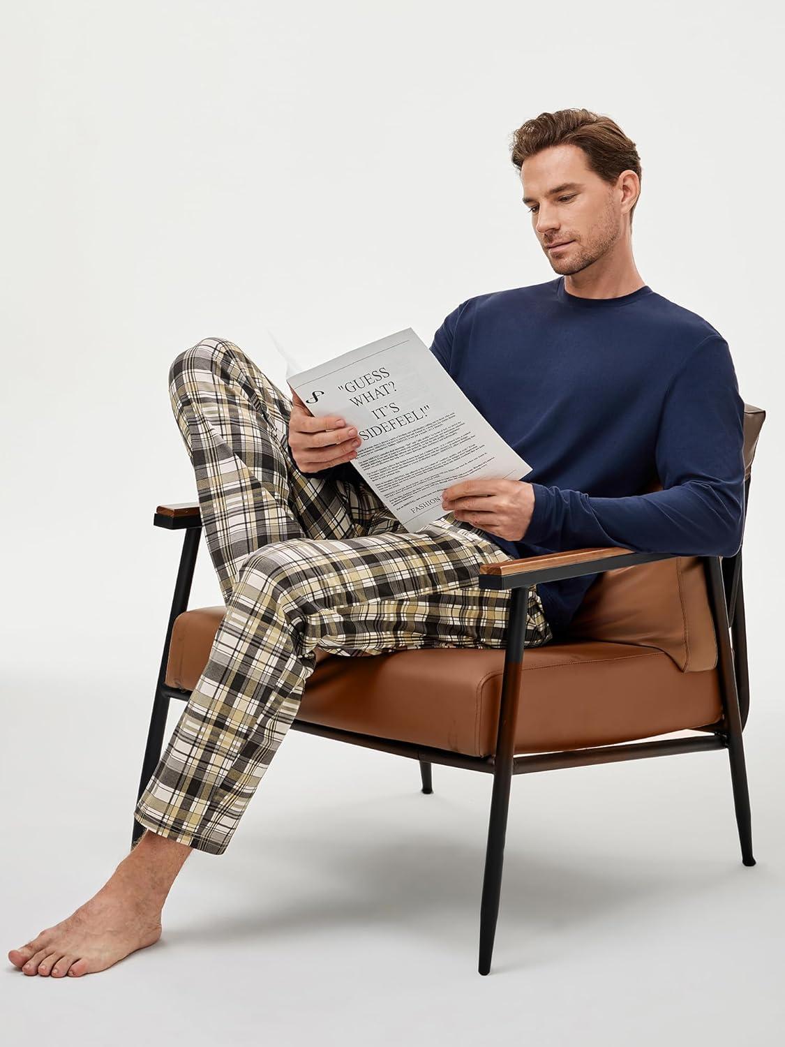 imageJMIERR Mens Pajamas Set 2 Piece Long Sleeve TShirt Loungewear Long Plaid Pants with PocketKhaki