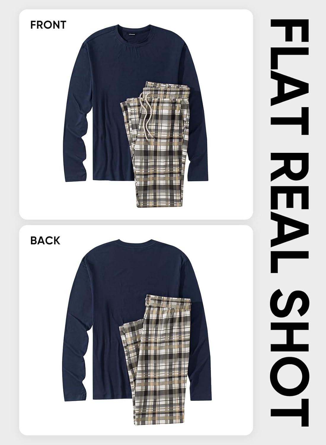 imageJMIERR Mens Pajamas Set 2 Piece Long Sleeve TShirt Loungewear Long Plaid Pants with PocketKhaki