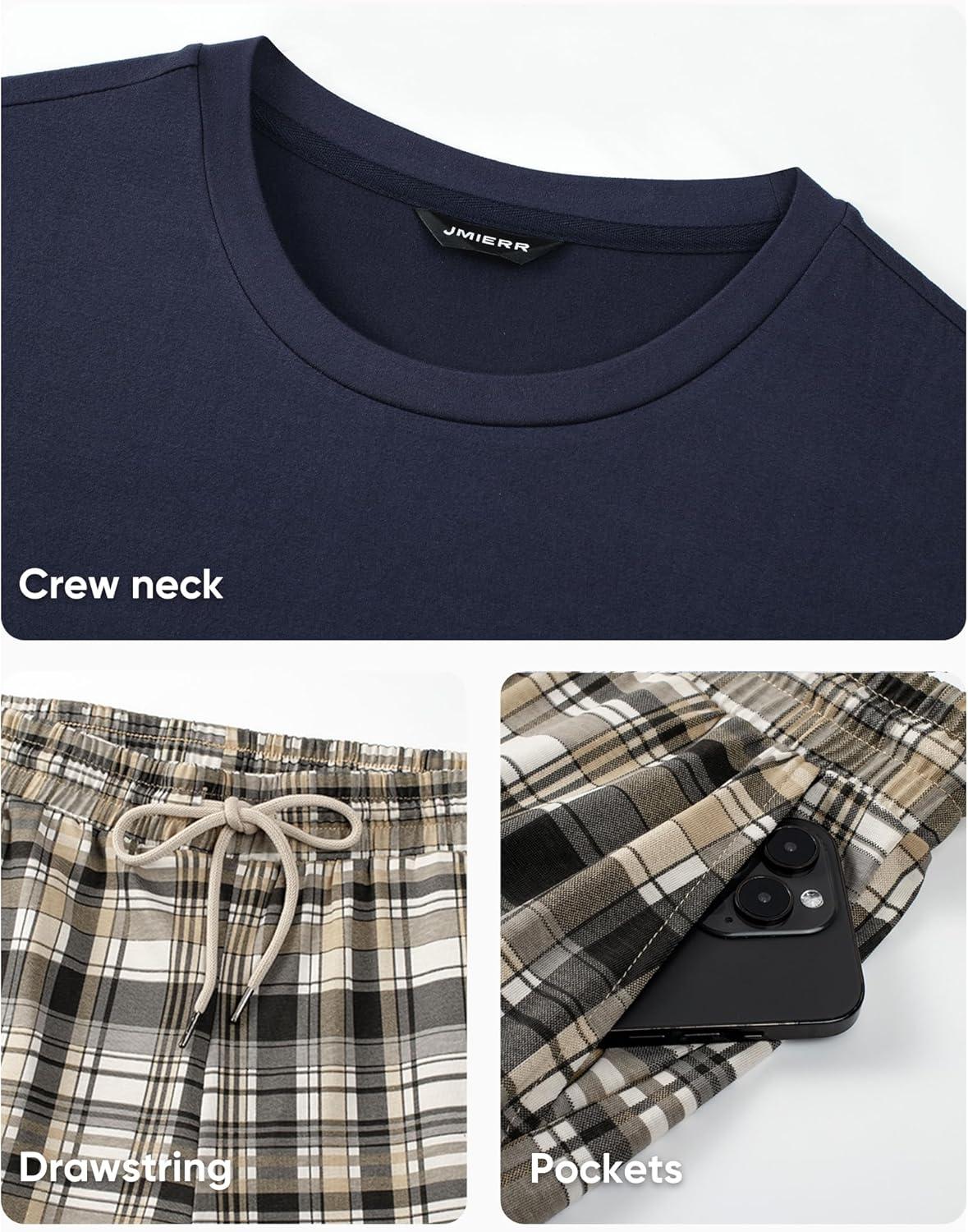 imageJMIERR Mens Pajamas Set 2 Piece Long Sleeve TShirt Loungewear Long Plaid Pants with PocketKhaki