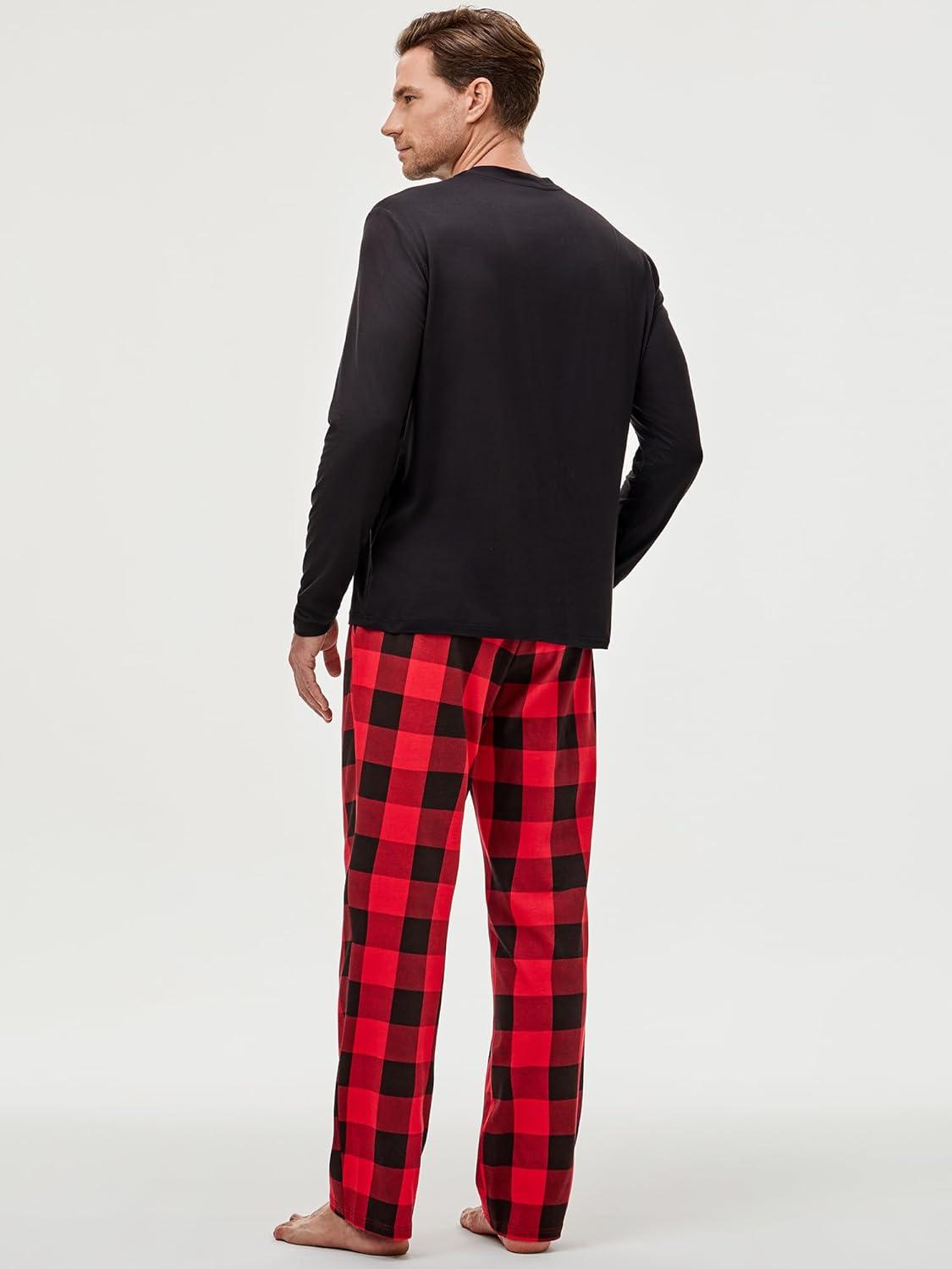 imageJMIERR Mens Pajamas Set 2 Piece Long Sleeve TShirt Loungewear Long Plaid Pants with PocketRed Dahlia