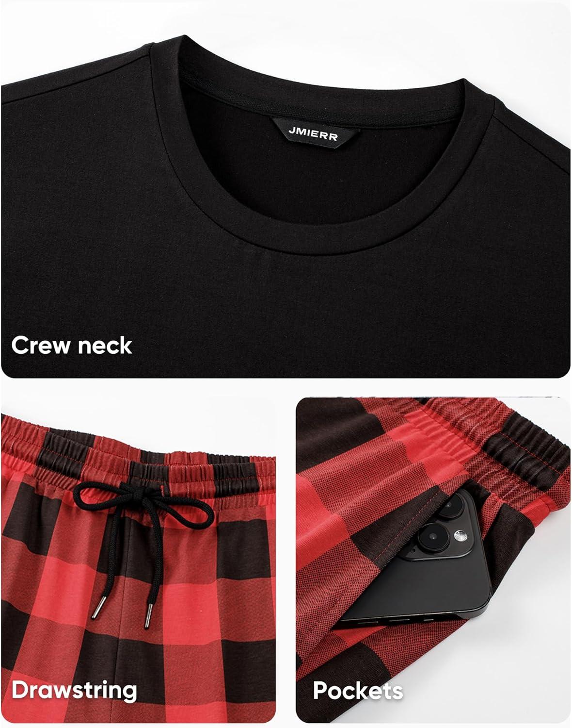 imageJMIERR Mens Pajamas Set 2 Piece Long Sleeve TShirt Loungewear Long Plaid Pants with PocketRed Dahlia